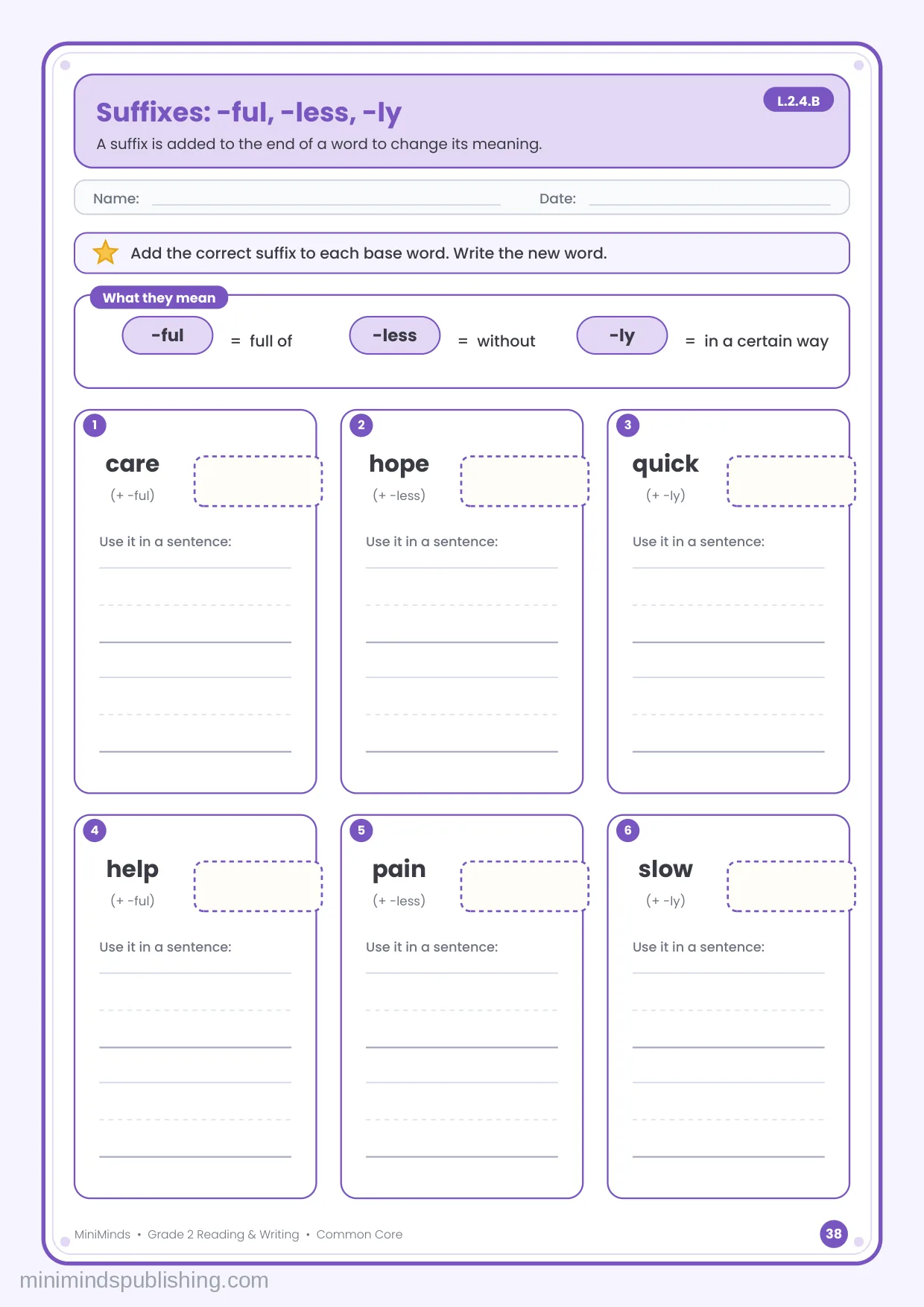 Suffixes: -ful, -less, -ly — free printable 2nd Grade reading & writing worksheet for ages 7-8
