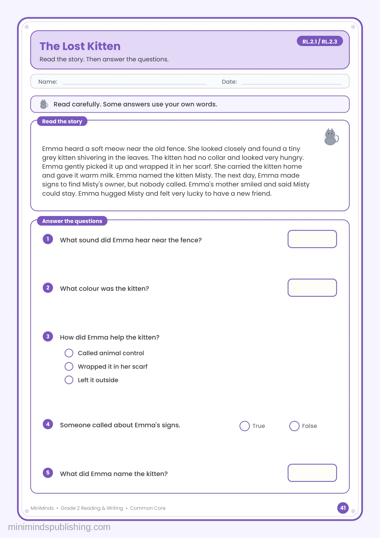 The Lost Kitten — free printable 2nd Grade reading & writing worksheet for ages 7-8