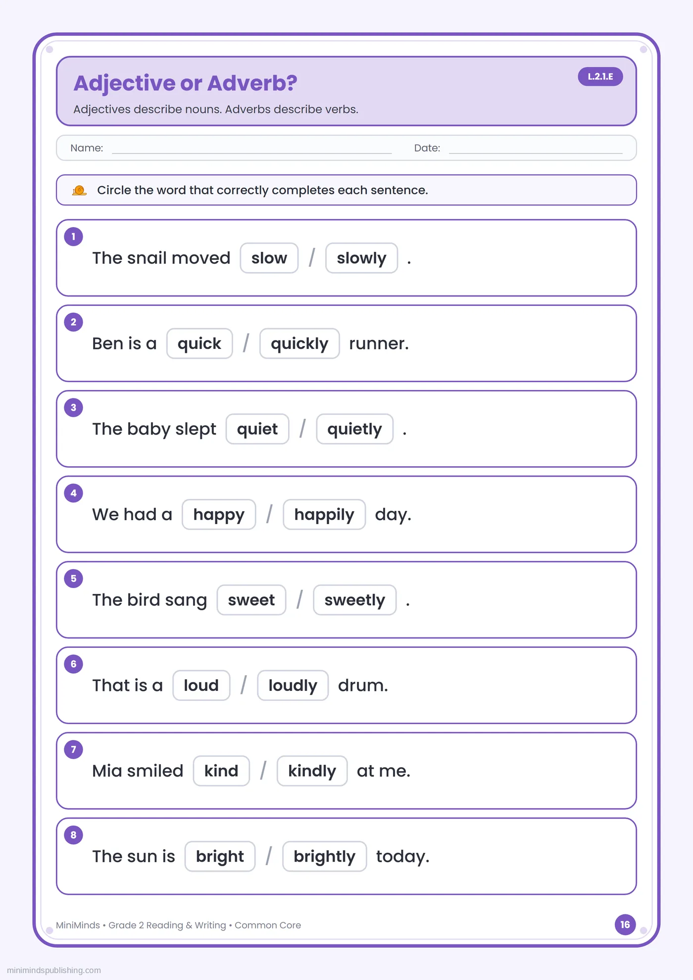 Adjective or Adverb? — free printable 2nd Grade reading & writing worksheet for ages 7-8