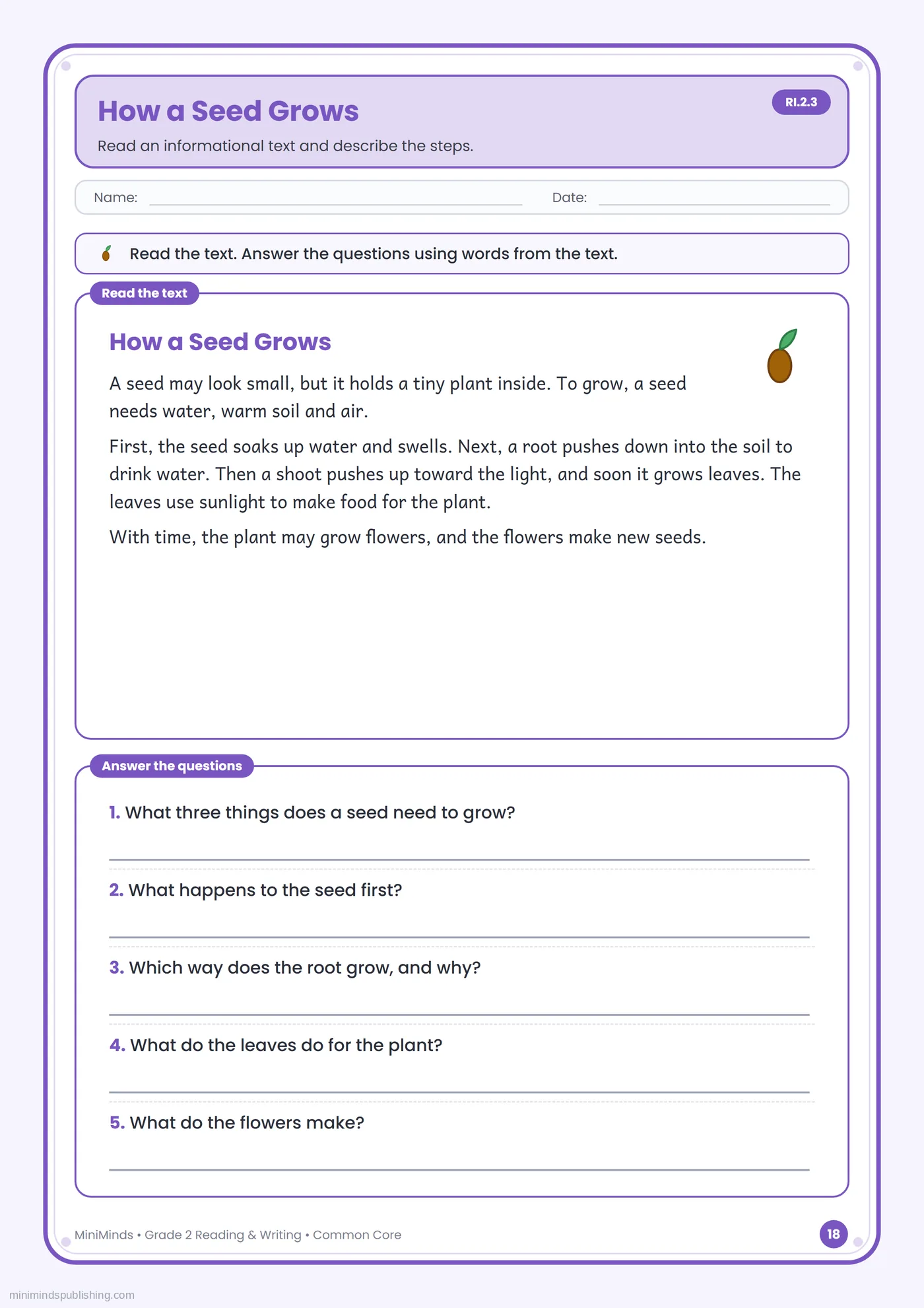 How a Seed Grows — free printable 2nd Grade reading & writing worksheet for ages 7-8