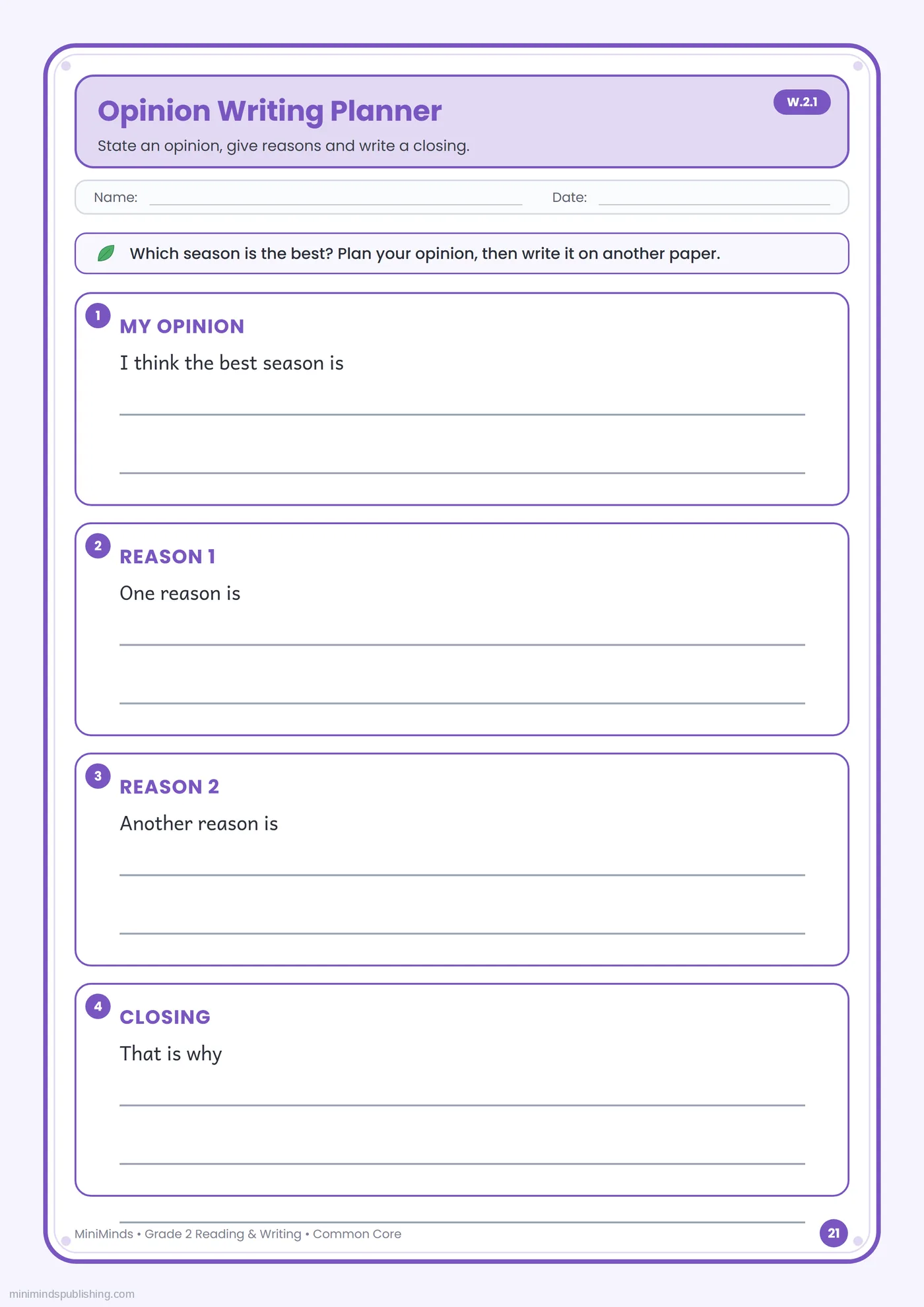 Opinion Writing Planner — free printable 2nd Grade reading & writing worksheet for ages 7-8