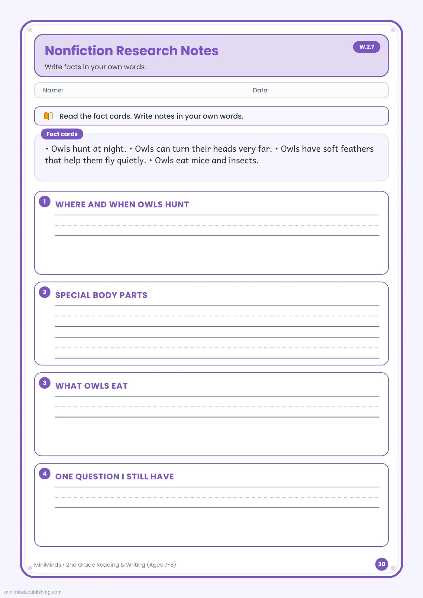 Nonfiction Research Notes — free printable 2nd Grade reading & writing worksheet for ages 7-8
