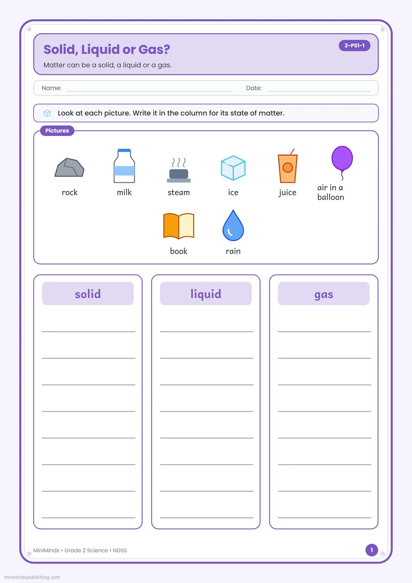 Solid, Liquid or Gas? — free printable 2nd Grade science worksheet for ages 7-8