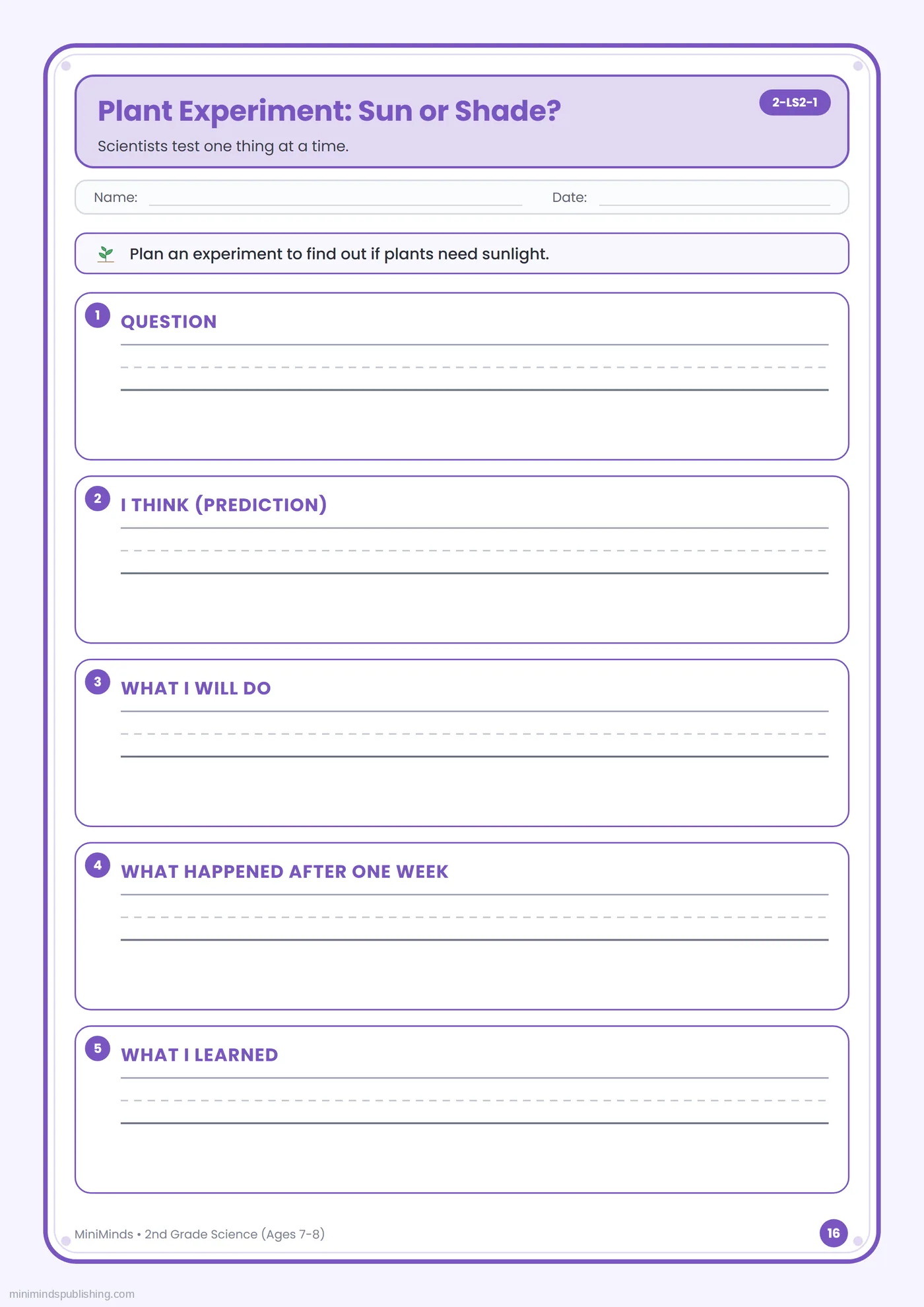Plant Experiment: Sun or Shade? — free printable 2nd Grade science worksheet for ages 7-8