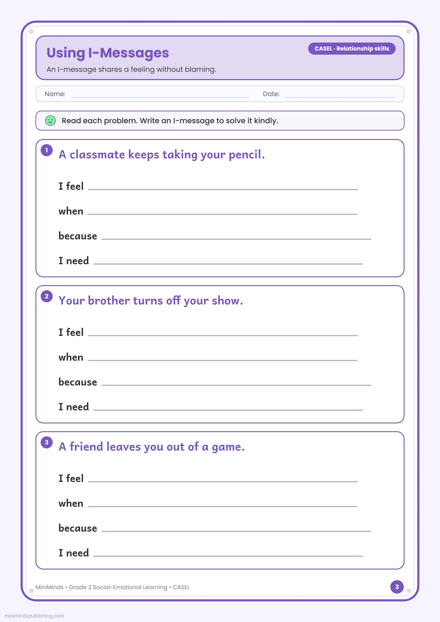 Using I-Messages — free printable 2nd Grade social-emotional learning worksheet for ages 7-8
