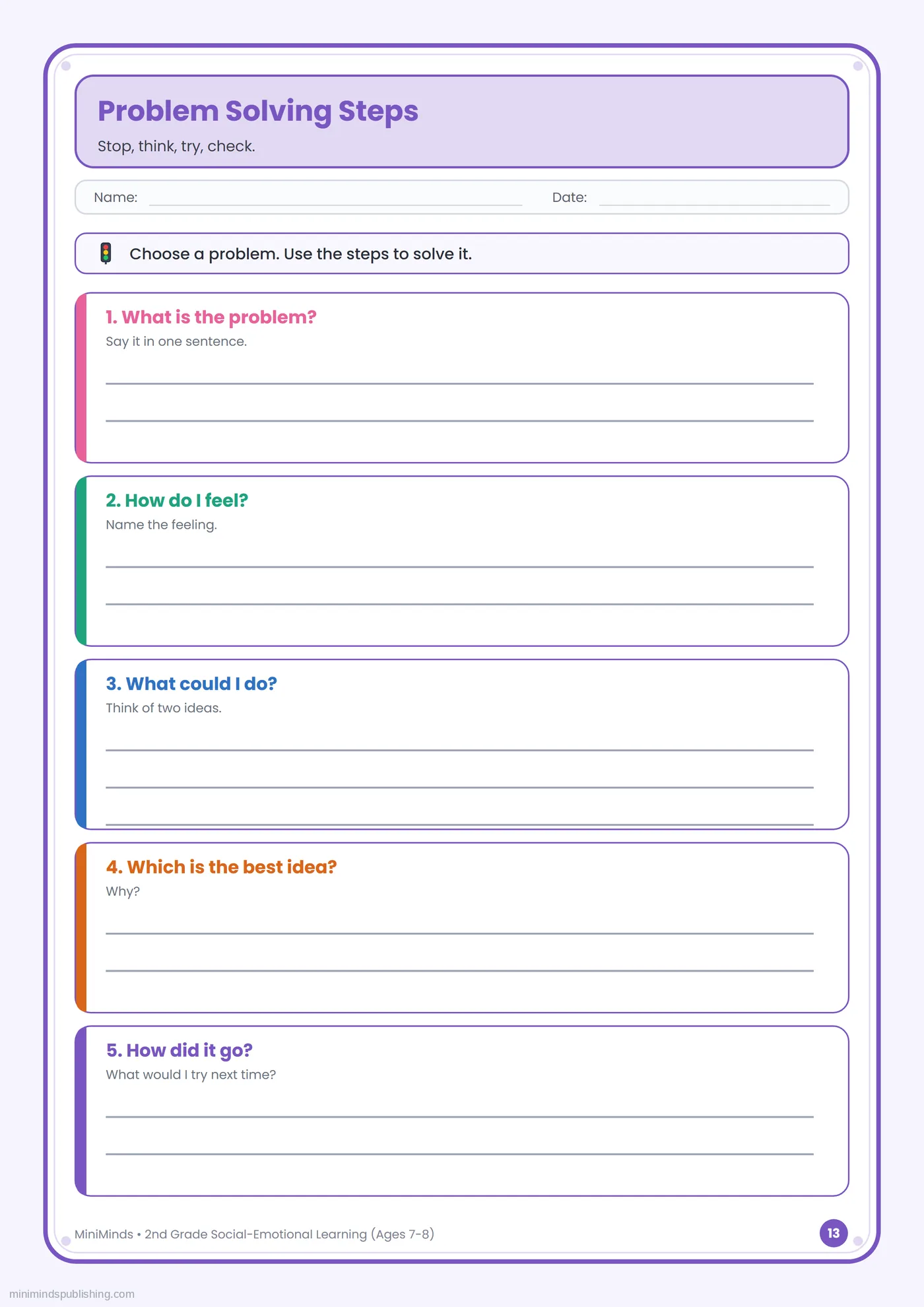 Problem Solving Steps — free printable 2nd Grade social-emotional learning worksheet for ages 7-8
