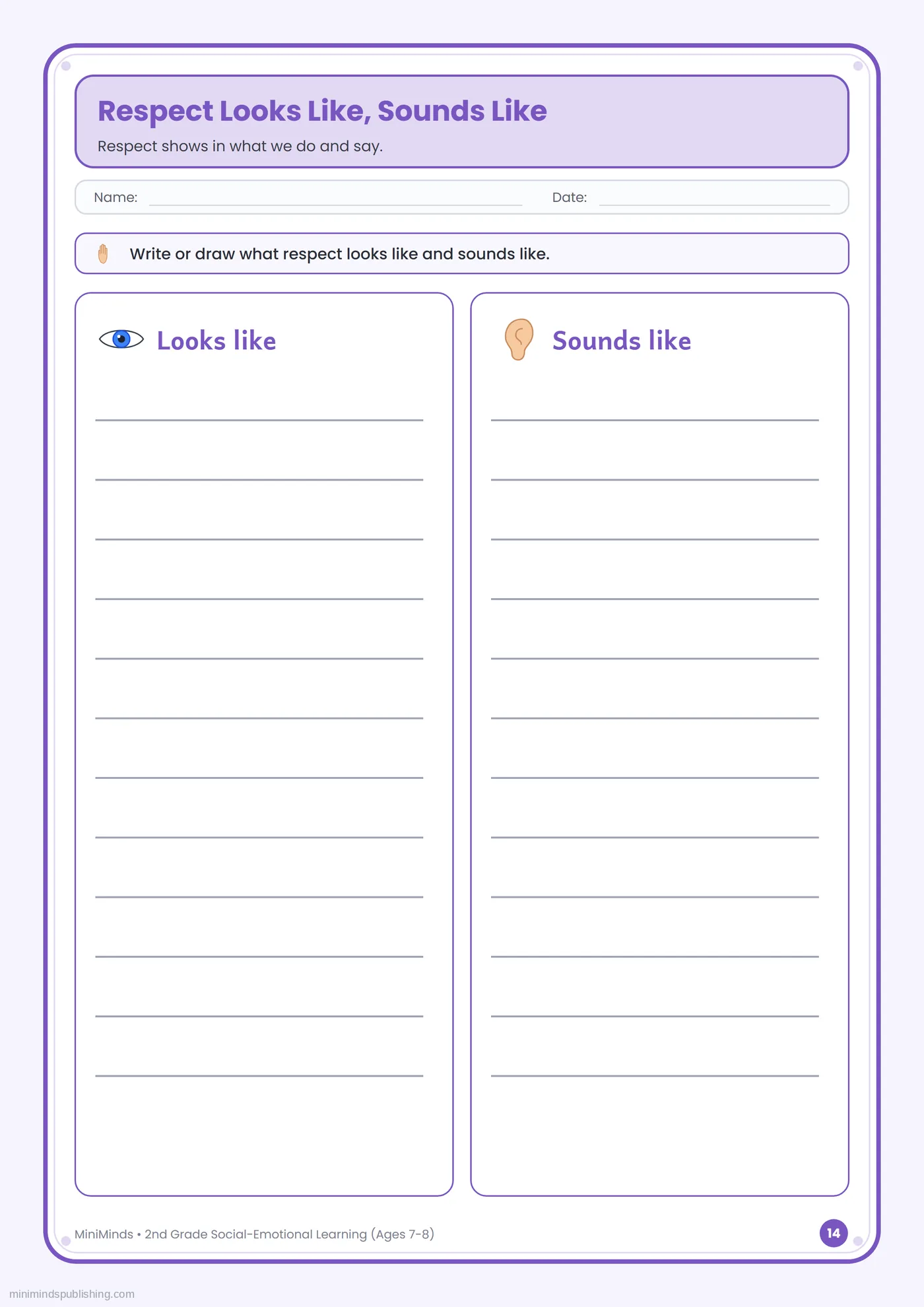 Respect Looks Like, Sounds Like — free printable 2nd Grade social-emotional learning worksheet for ages 7-8