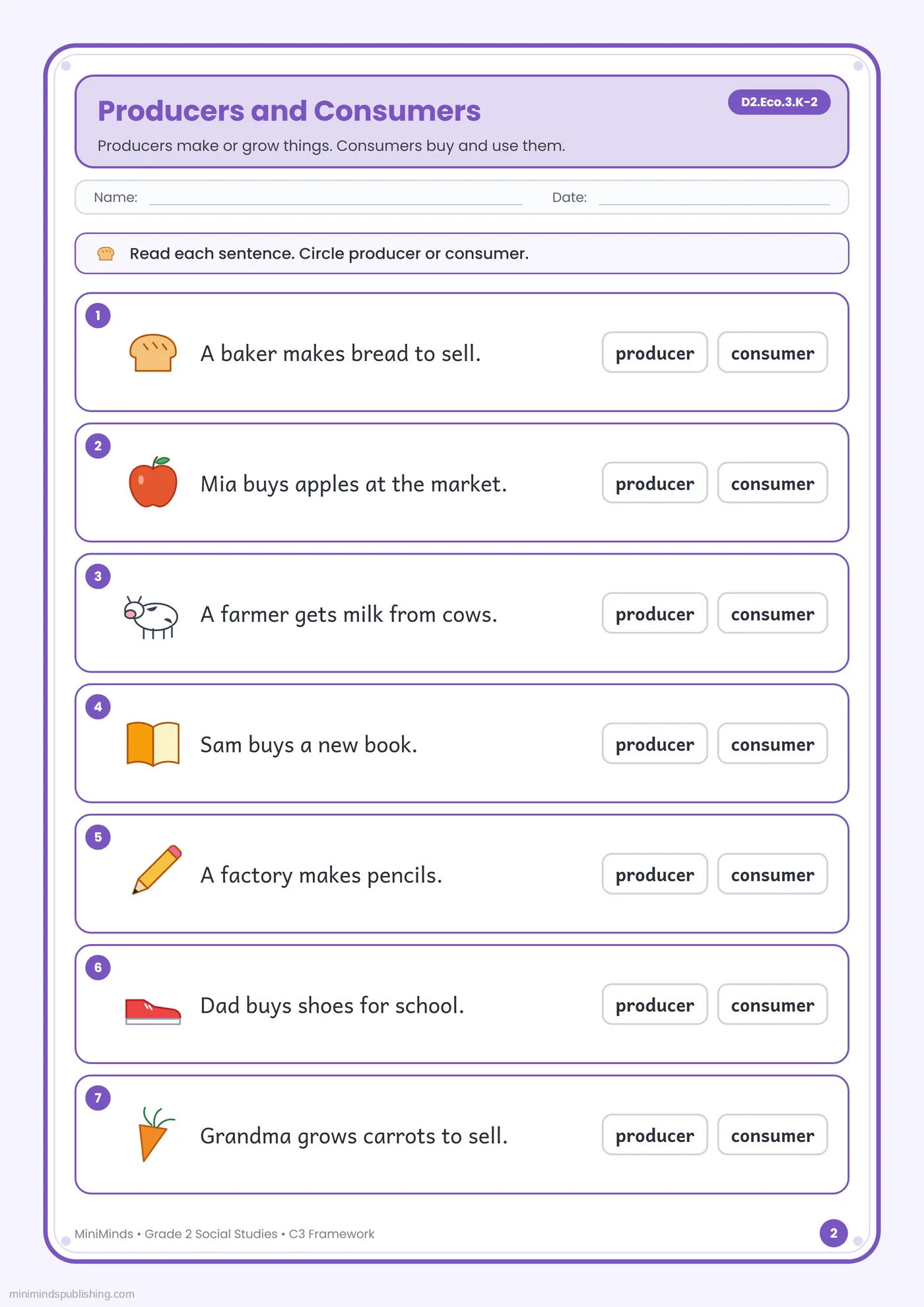 Producers and Consumers — free printable 2nd Grade social studies worksheet for ages 7-8