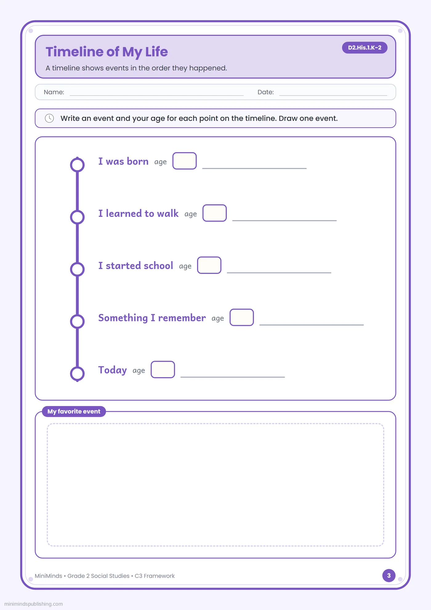 Timeline of My Life — free printable 2nd Grade social studies worksheet for ages 7-8