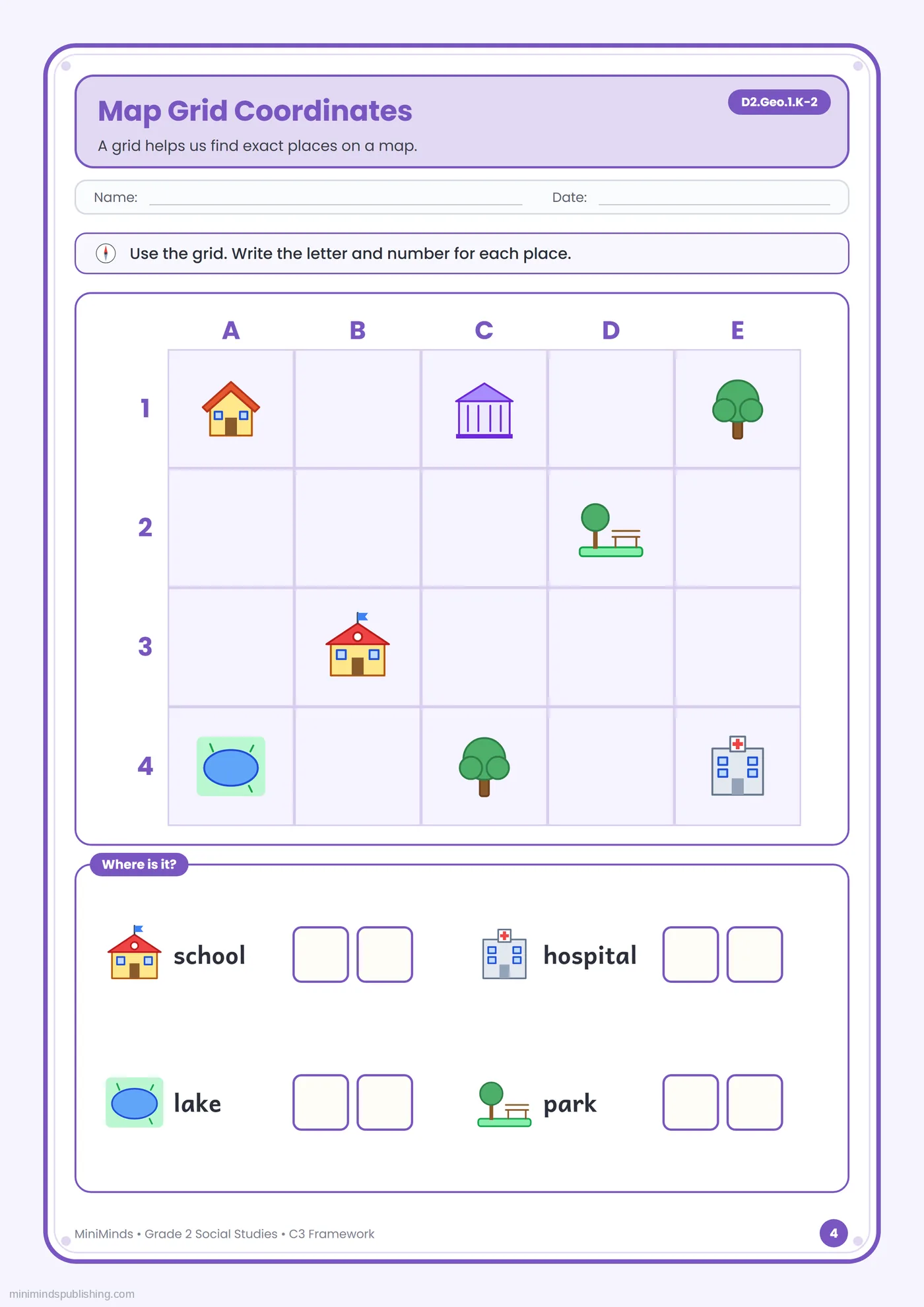 Map Grid Coordinates — free printable 2nd Grade social studies worksheet for ages 7-8