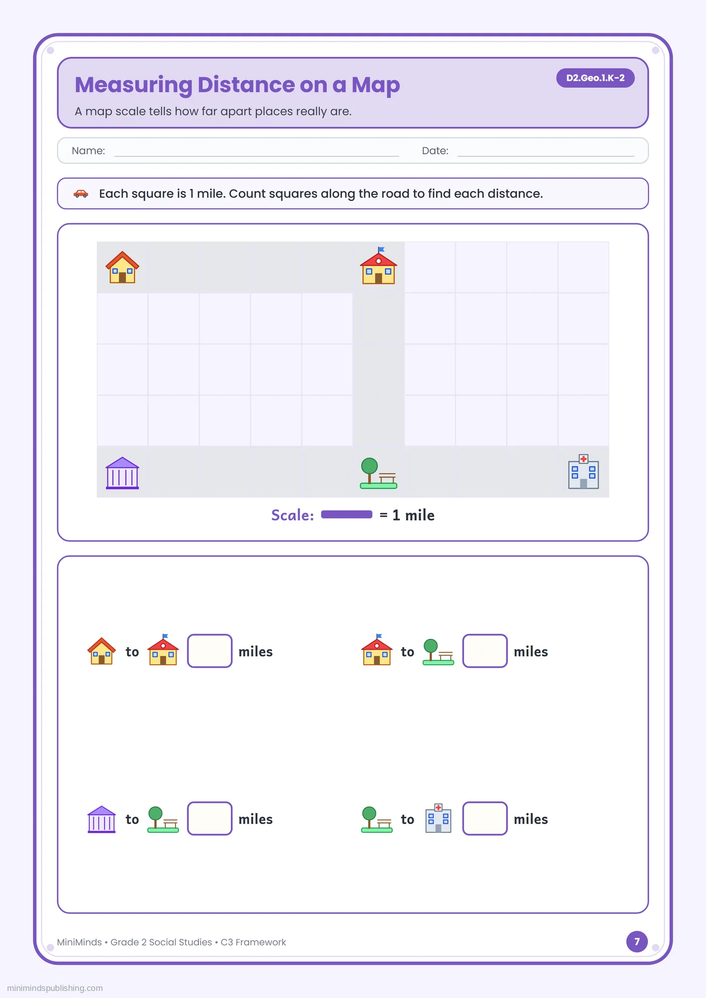 Measuring Distance on a Map — free printable 2nd Grade social studies worksheet for ages 7-8