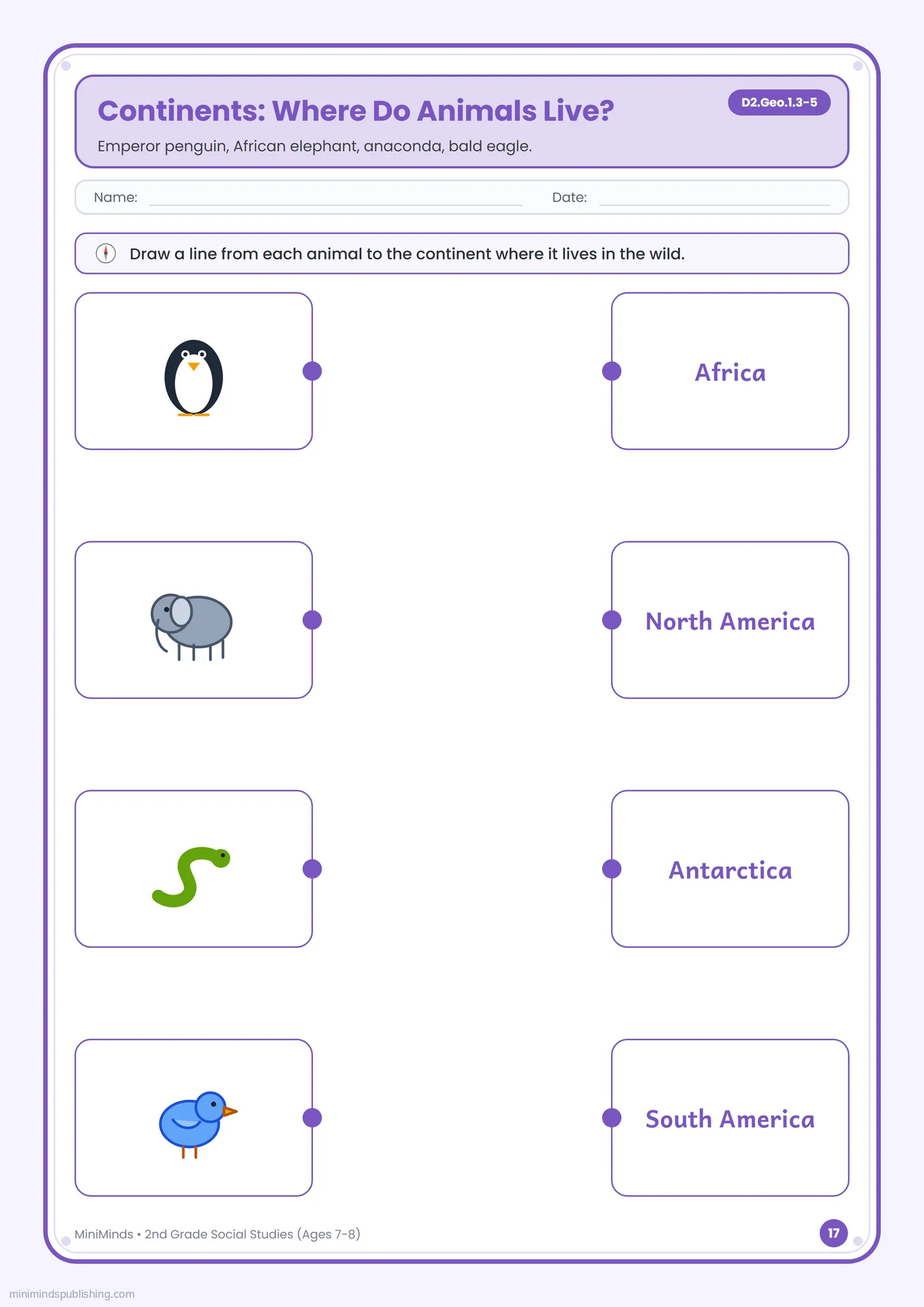 Continents: Where Do Animals Live? — free printable 2nd Grade social studies worksheet for ages 7-8