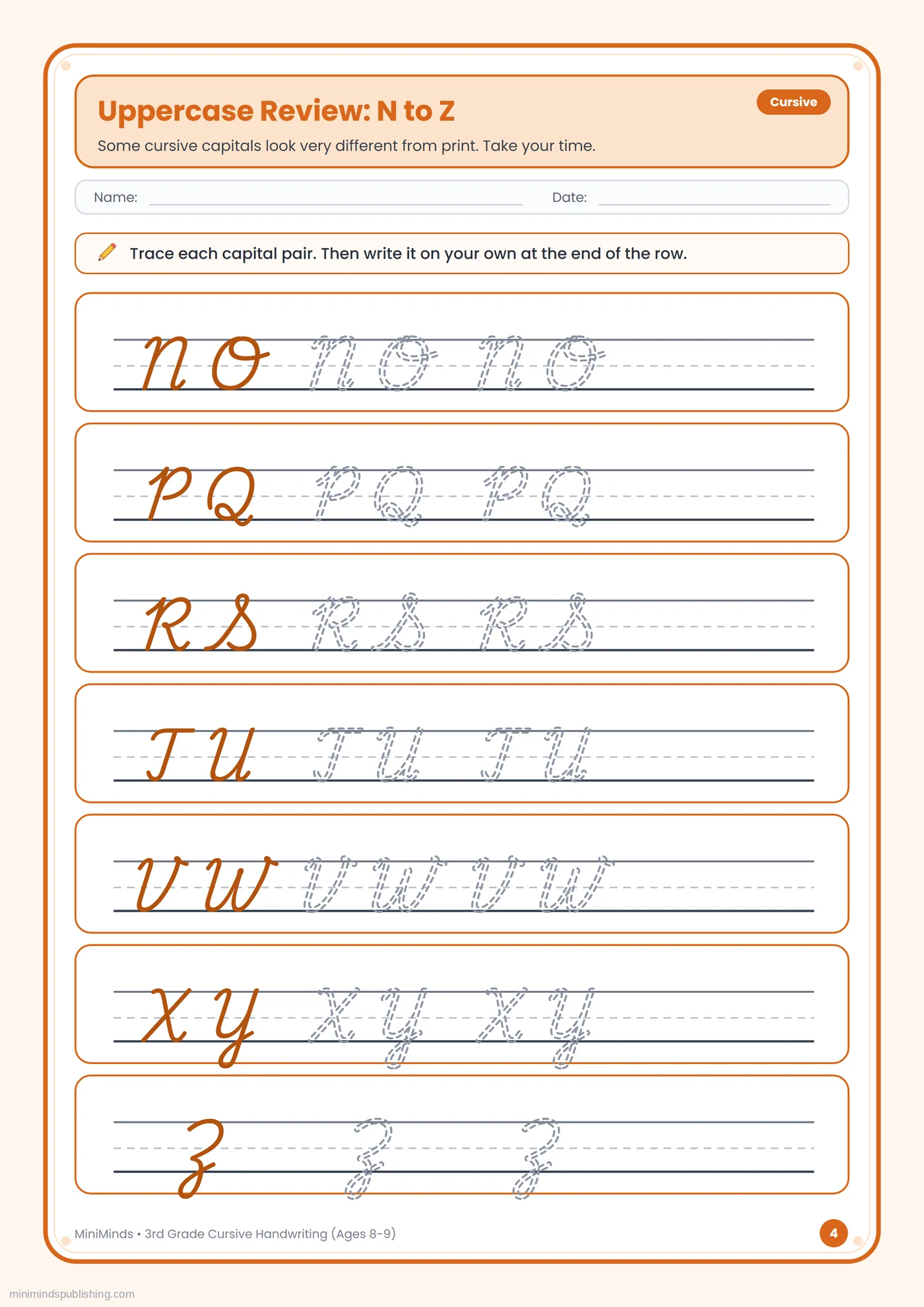Uppercase Review: N to Z — free printable 3rd Grade cursive handwriting worksheet for ages 8-9