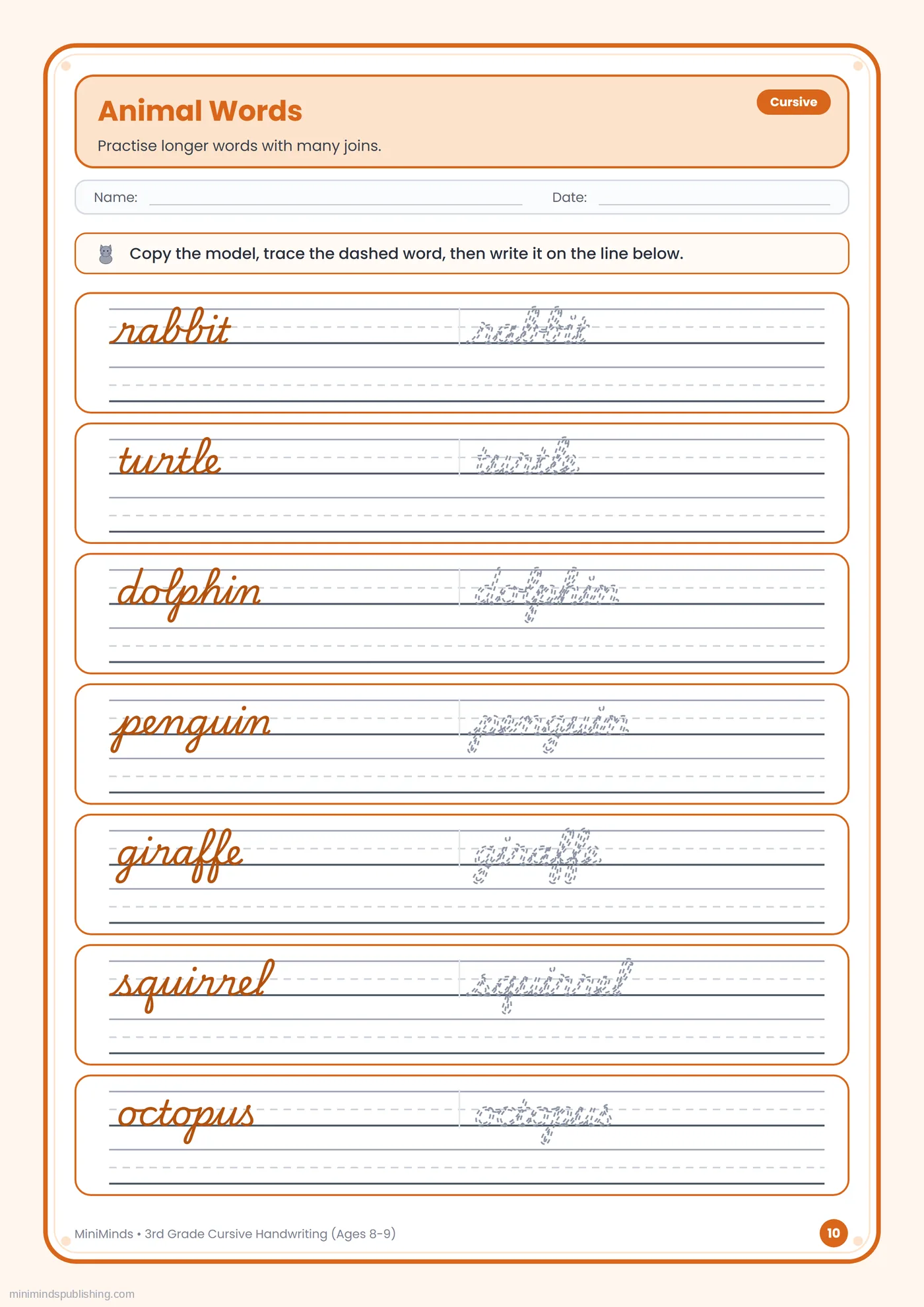 Animal Words — free printable 3rd Grade cursive handwriting worksheet for ages 8-9