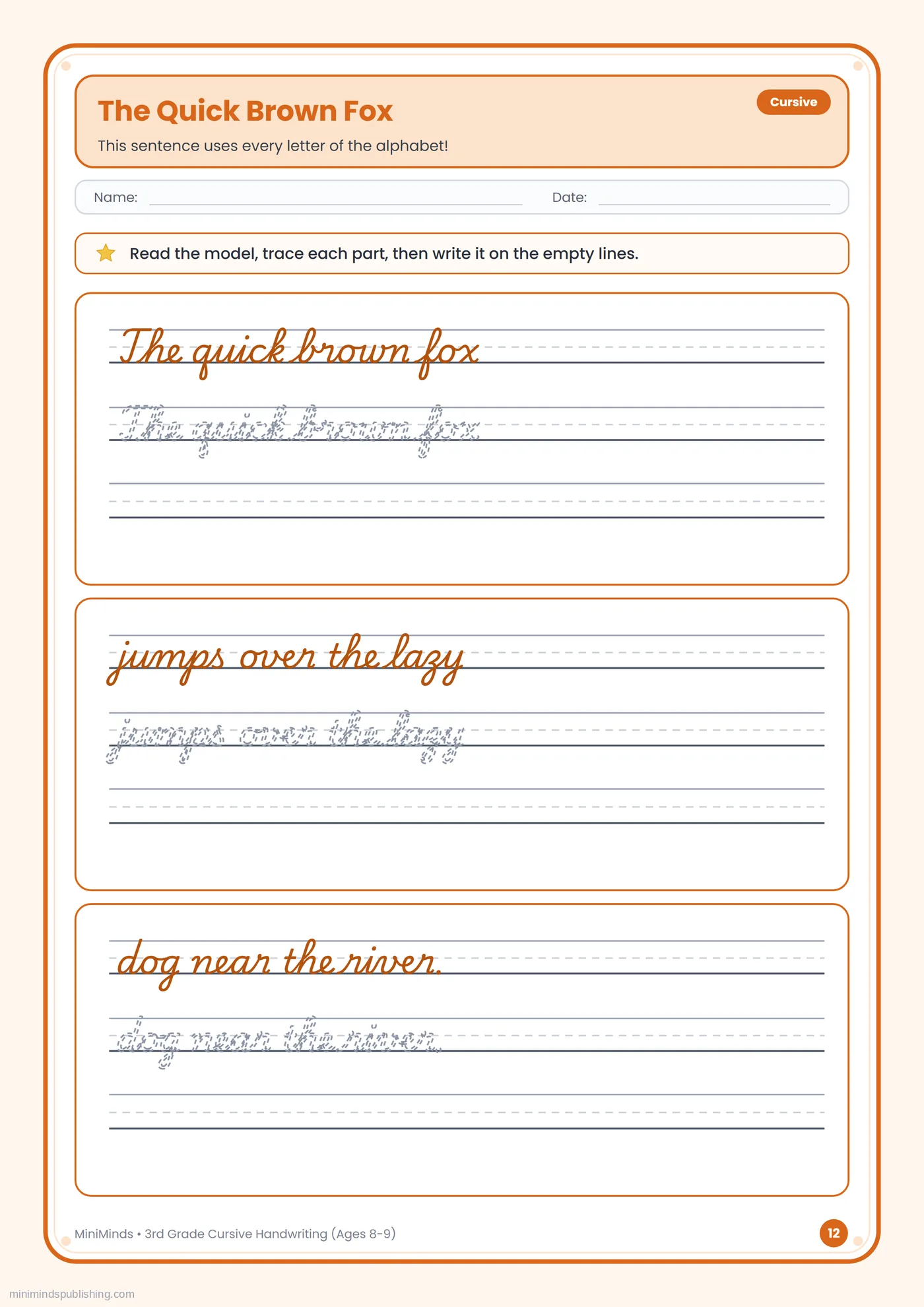 The Quick Brown Fox — free printable 3rd Grade cursive handwriting worksheet for ages 8-9