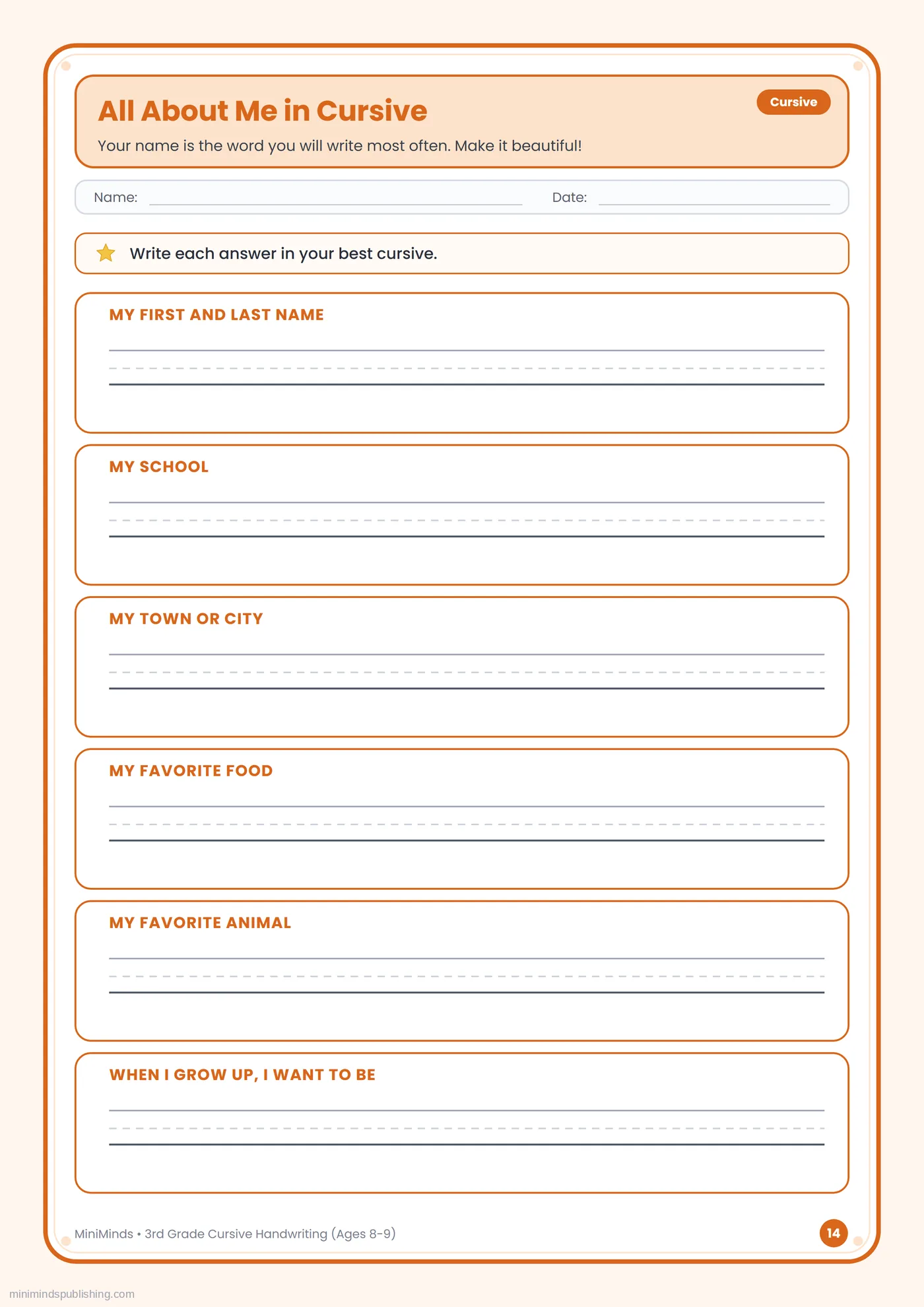 All About Me in Cursive — free printable 3rd Grade cursive handwriting worksheet for ages 8-9