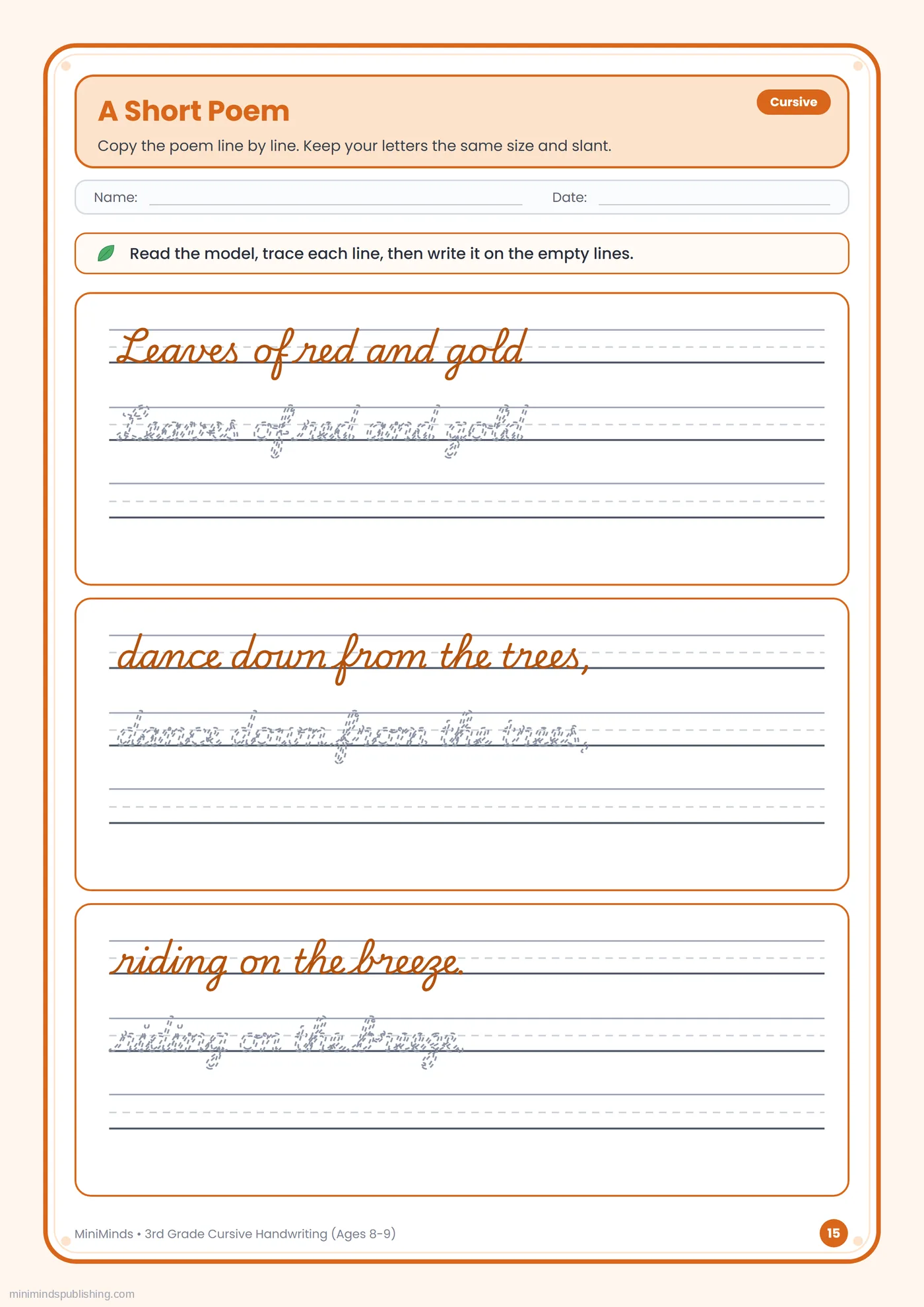 A Short Poem — free printable 3rd Grade cursive handwriting worksheet for ages 8-9