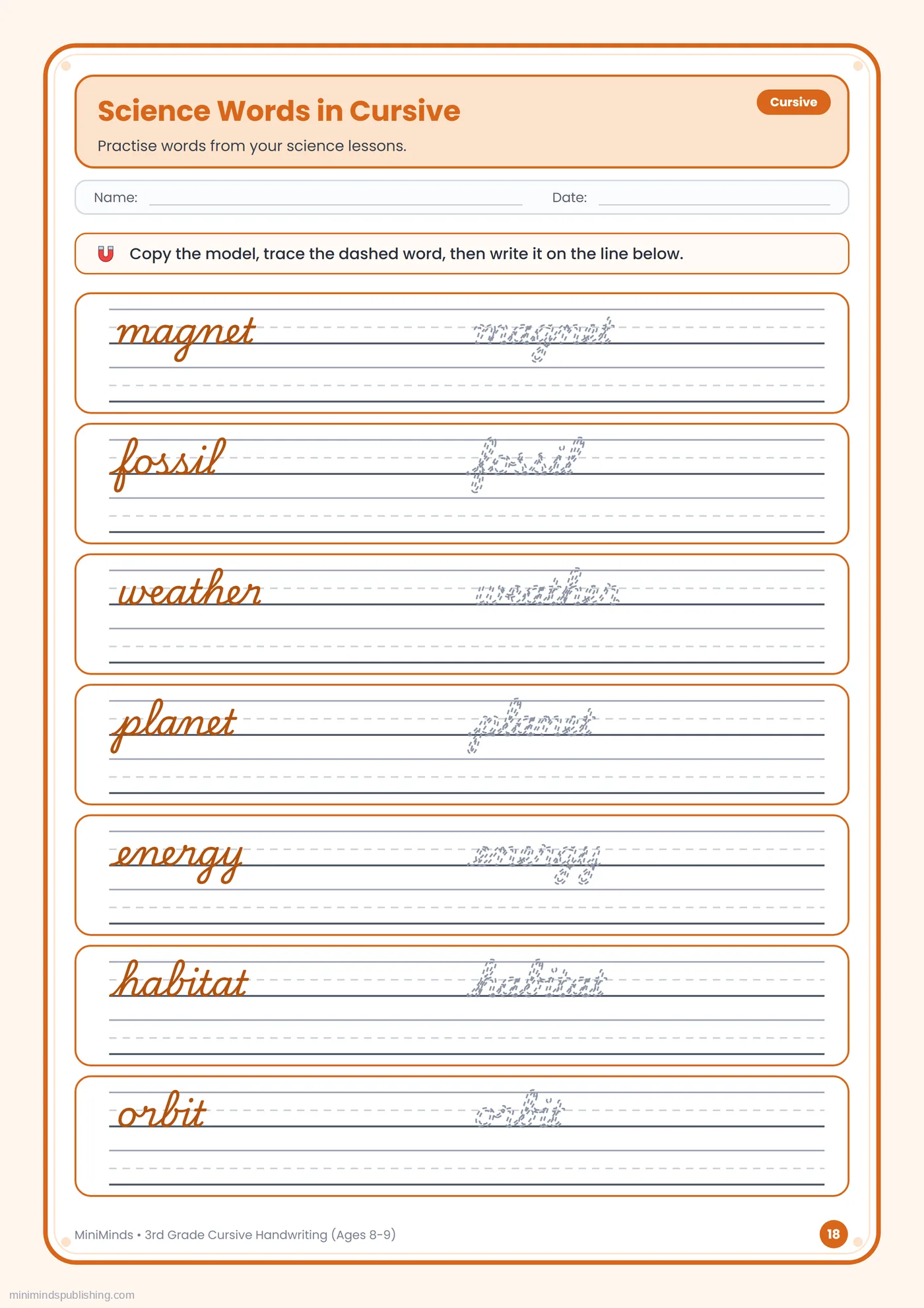 Science Words in Cursive — free printable 3rd Grade cursive handwriting worksheet for ages 8-9