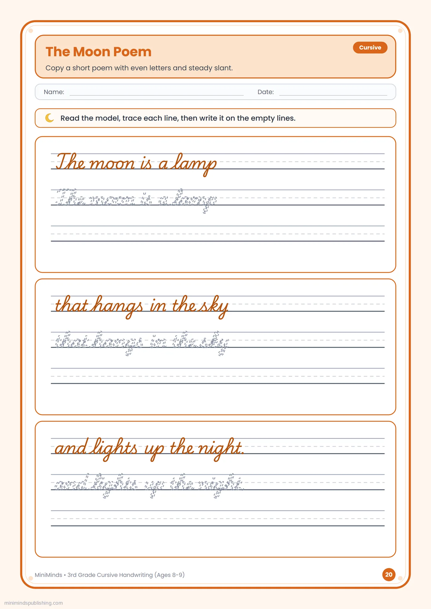 The Moon Poem — free printable 3rd Grade cursive handwriting worksheet for ages 8-9