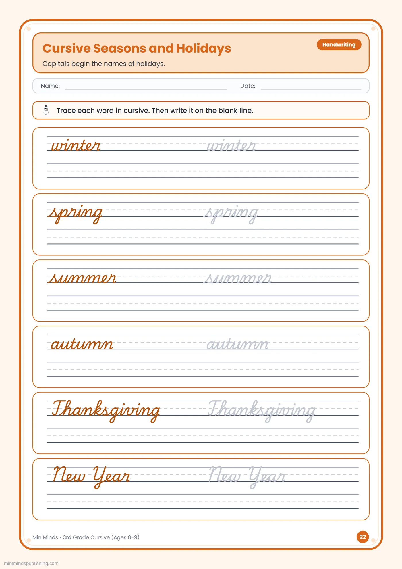 Cursive Seasons and Holidays — free printable 3rd Grade cursive handwriting worksheet for ages 8-9