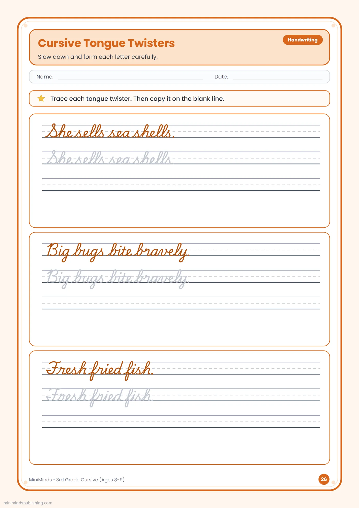 Cursive Tongue Twisters — free printable 3rd Grade cursive handwriting worksheet for ages 8-9