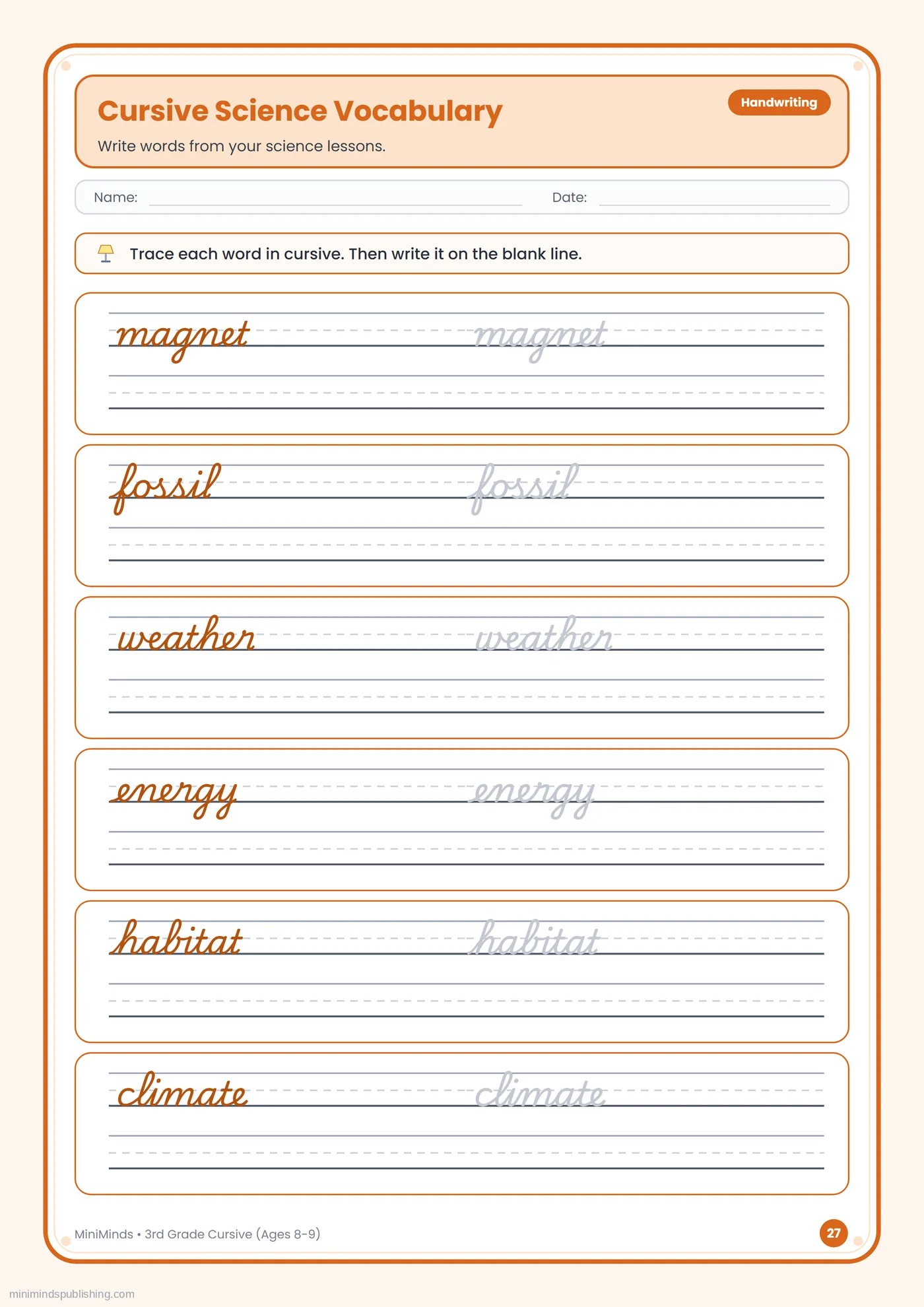 Cursive Science Vocabulary — free printable 3rd Grade cursive handwriting worksheet for ages 8-9