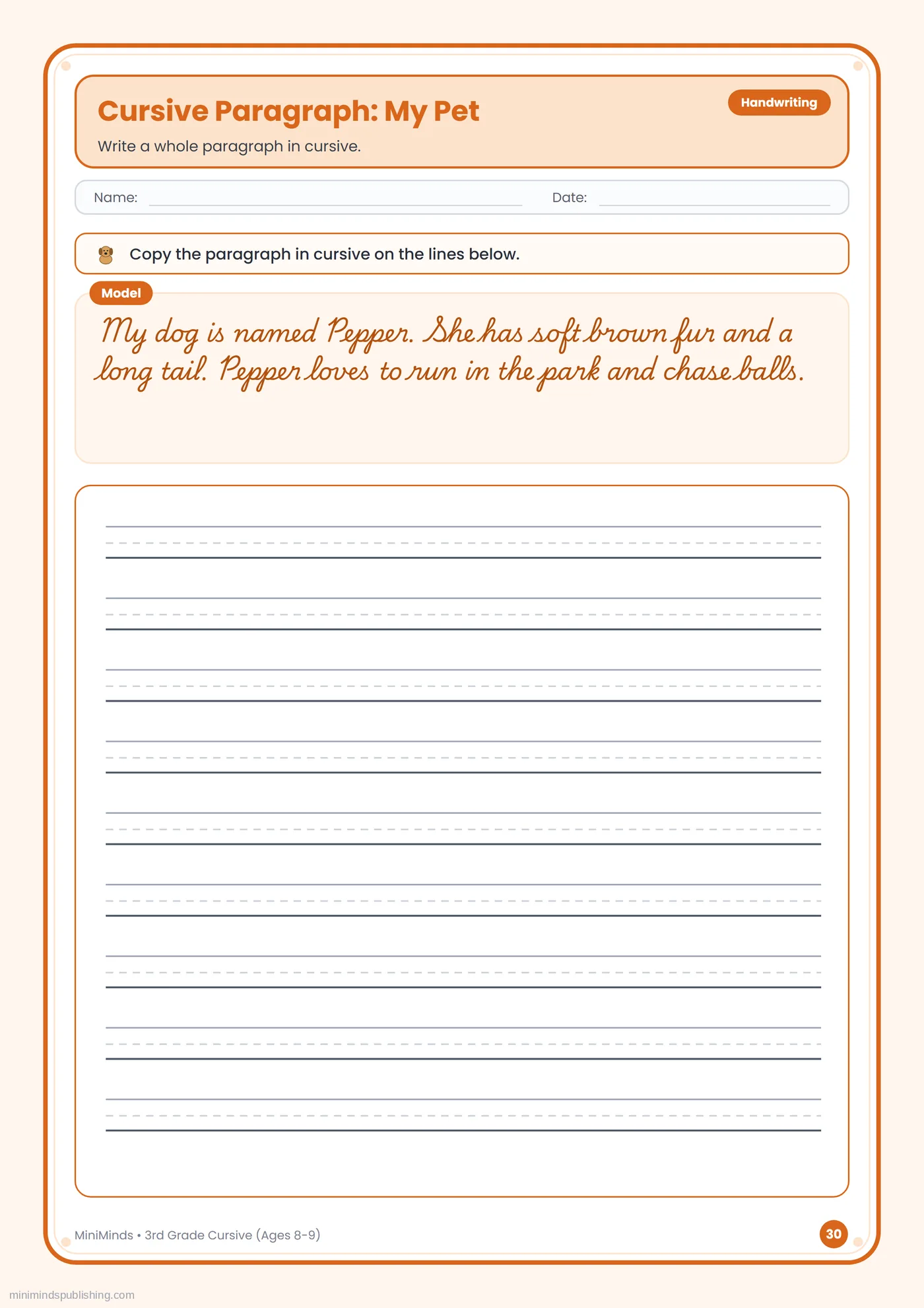Cursive Paragraph: My Pet — free printable 3rd Grade cursive handwriting worksheet for ages 8-9