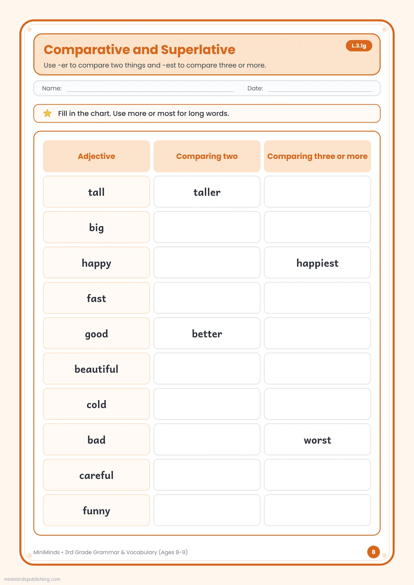 Comparative and Superlative — free printable 3rd Grade grammar & vocabulary worksheet for ages 8-9