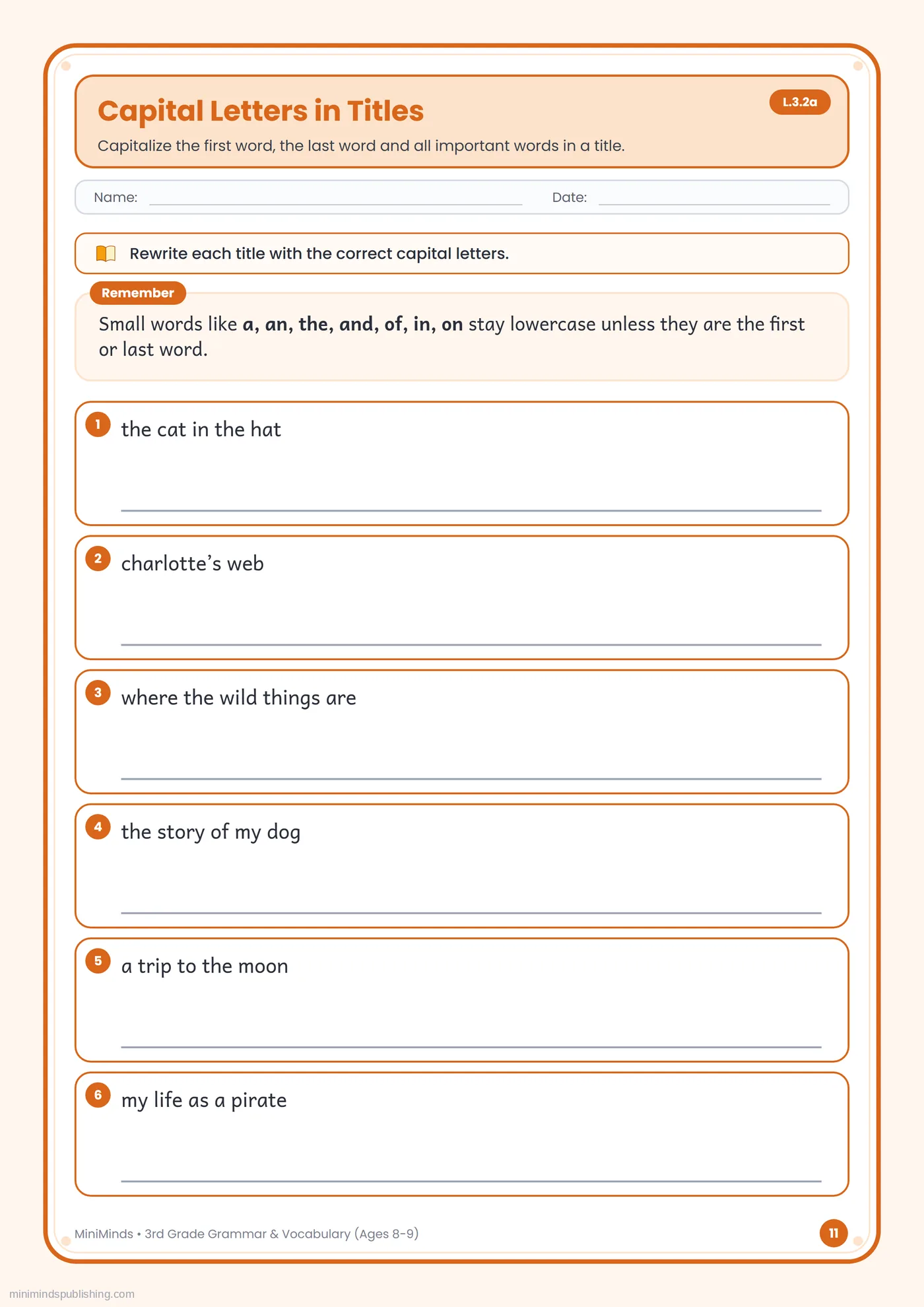 Capital Letters in Titles — free printable 3rd Grade grammar & vocabulary worksheet for ages 8-9