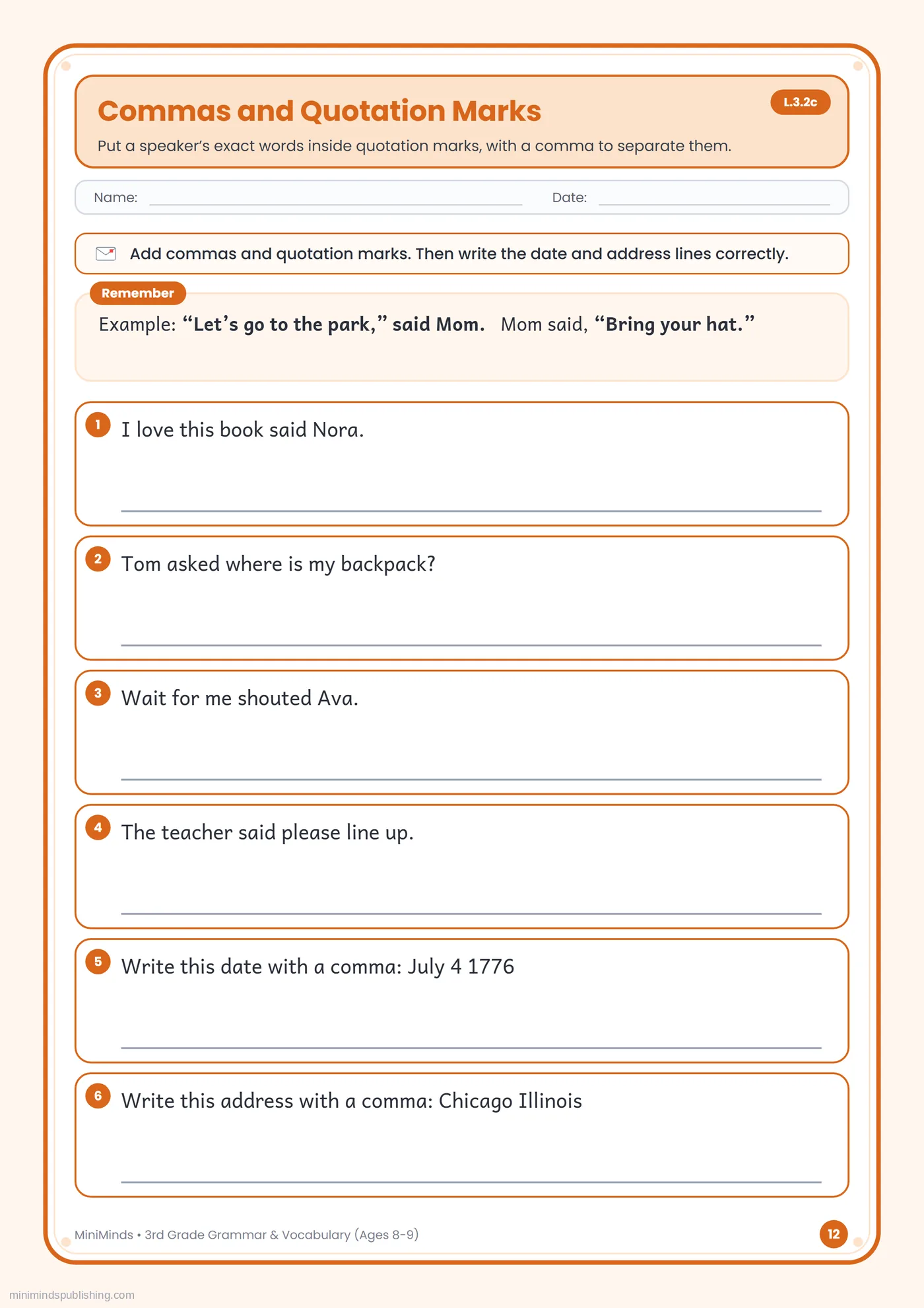 Commas and Quotation Marks — free printable 3rd Grade grammar & vocabulary worksheet for ages 8-9
