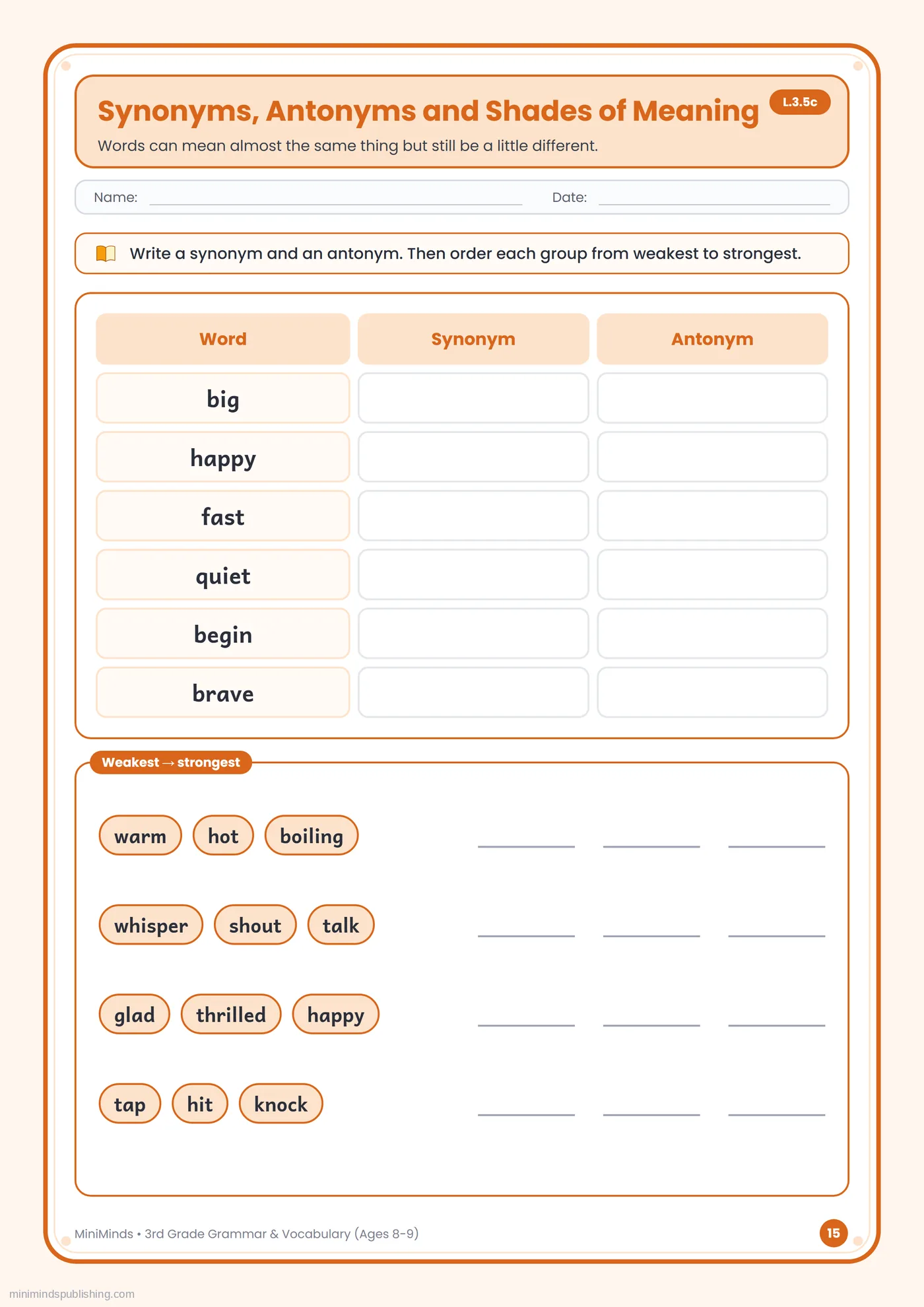 Synonyms, Antonyms and Shades of Meaning — free printable 3rd Grade grammar & vocabulary worksheet for ages 8-9