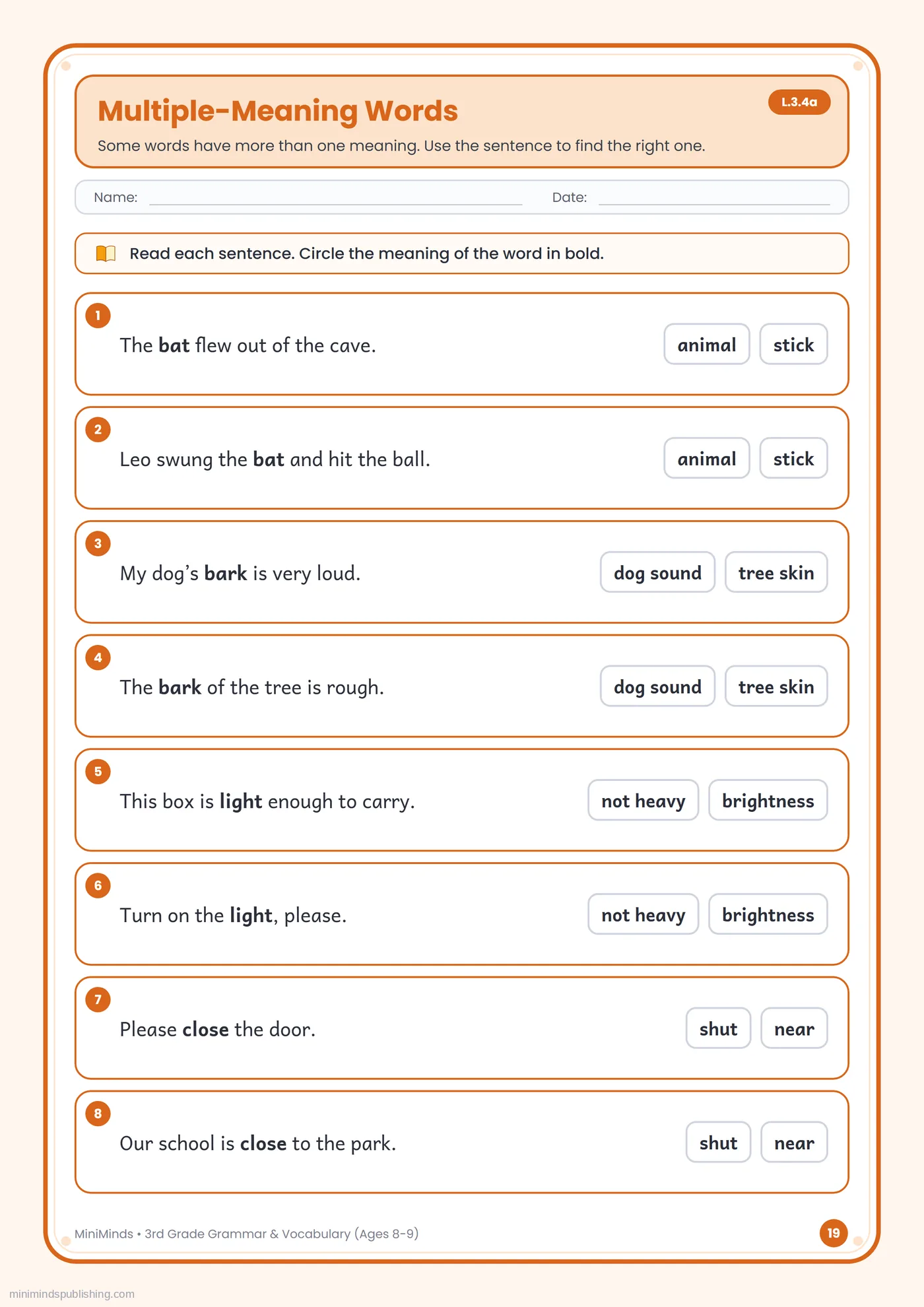 Multiple-Meaning Words — free printable 3rd Grade grammar & vocabulary worksheet for ages 8-9