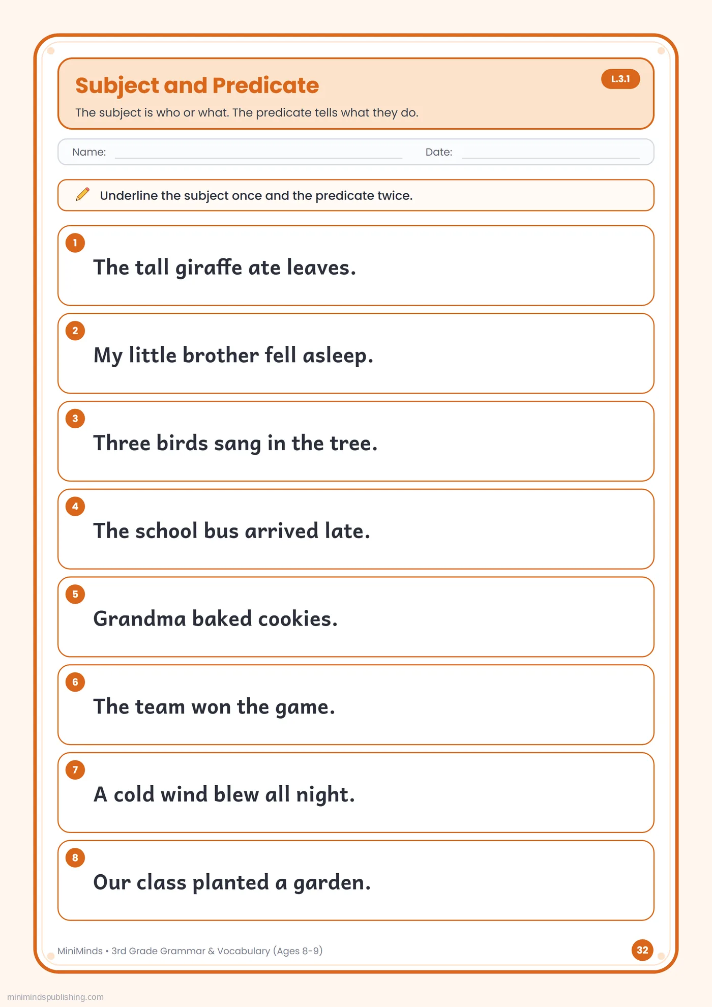 Subject and Predicate — free printable 3rd Grade grammar & vocabulary worksheet for ages 8-9