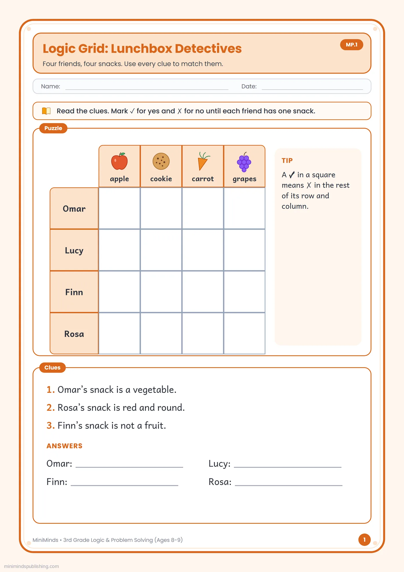 Logic Grid: Lunchbox Detectives — free printable 3rd Grade logic & problem solving worksheet for ages 8-9