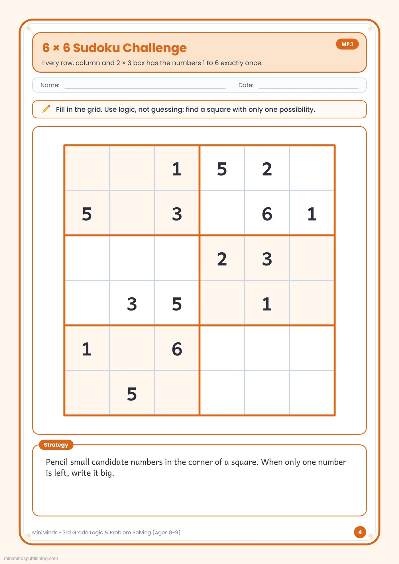 6 × 6 Sudoku Challenge — free printable 3rd Grade logic & problem solving worksheet for ages 8-9