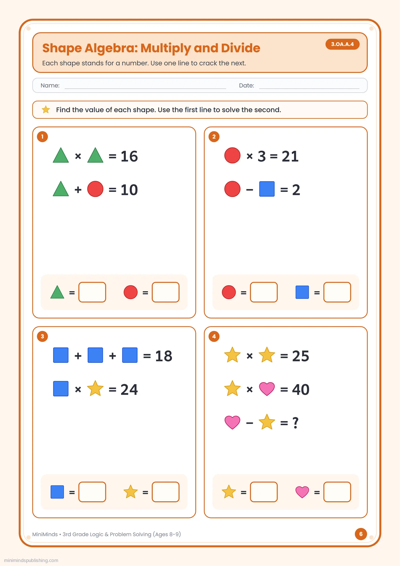 Shape Algebra: Multiply and Divide — free printable 3rd Grade logic & problem solving worksheet for ages 8-9