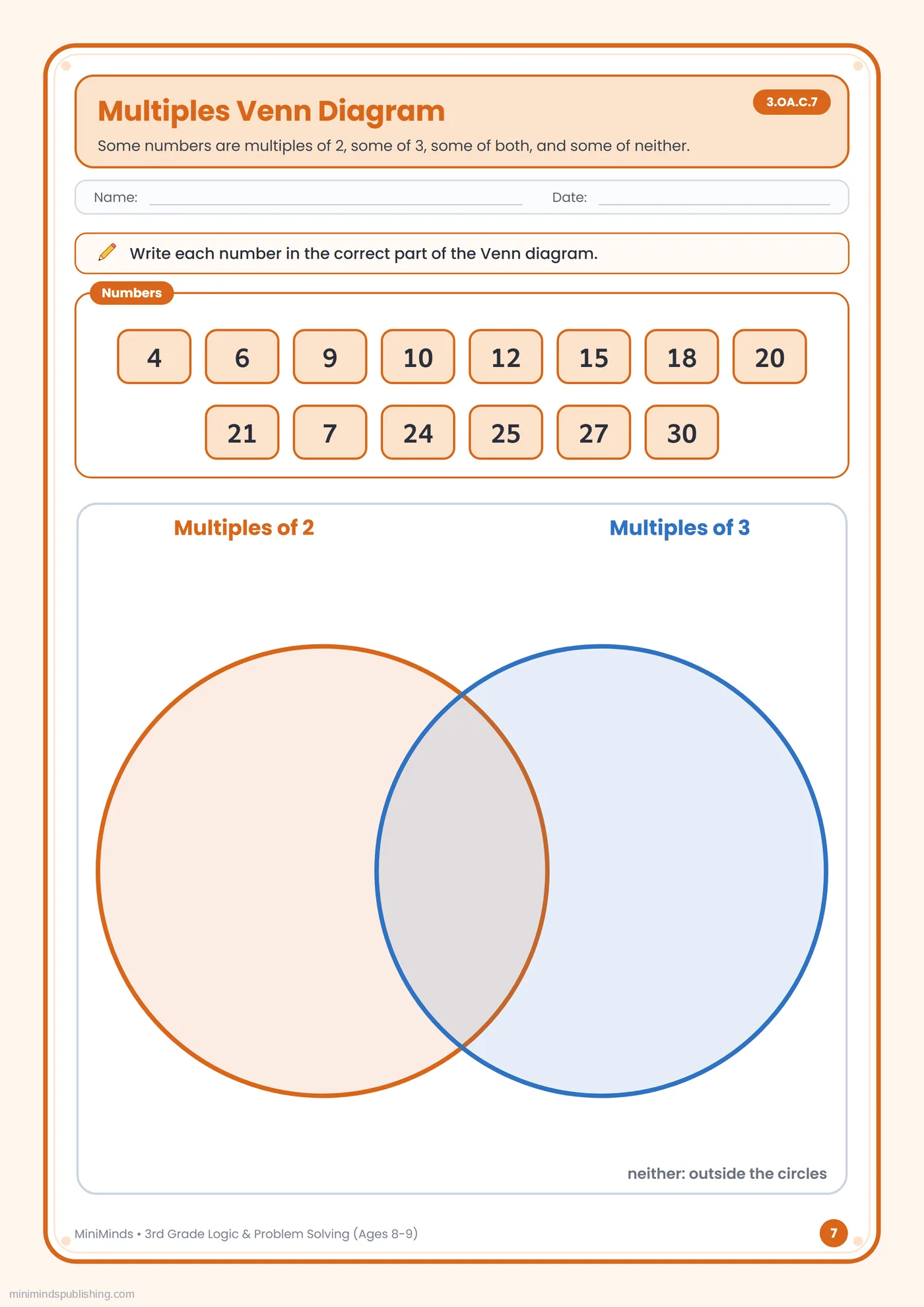 Multiples Venn Diagram — free printable 3rd Grade logic & problem solving worksheet for ages 8-9