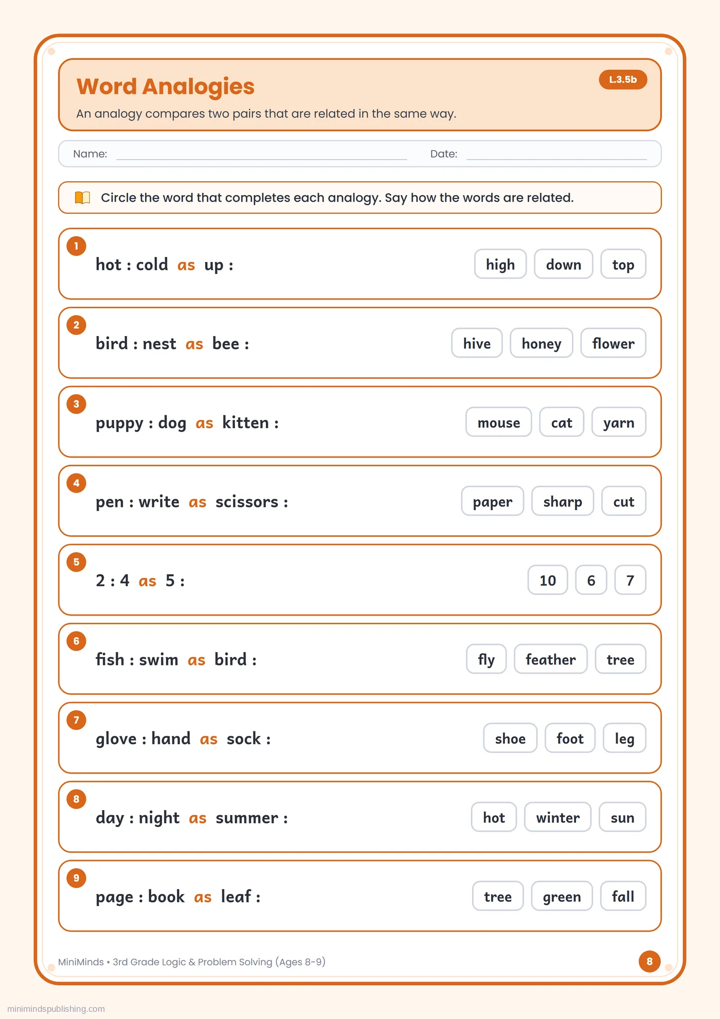 Word Analogies — free printable 3rd Grade logic & problem solving worksheet for ages 8-9