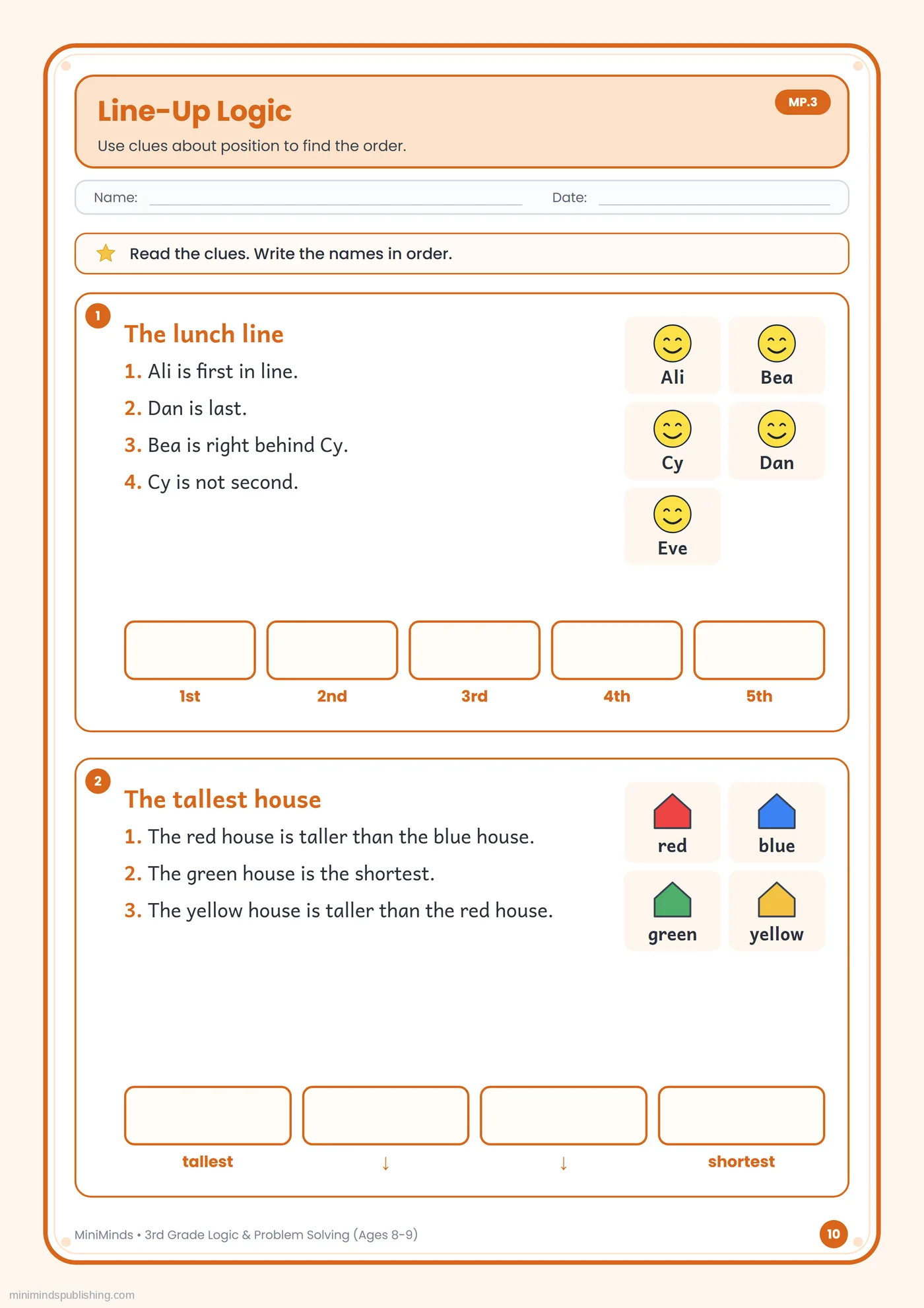 Line-Up Logic — free printable 3rd Grade logic & problem solving worksheet for ages 8-9