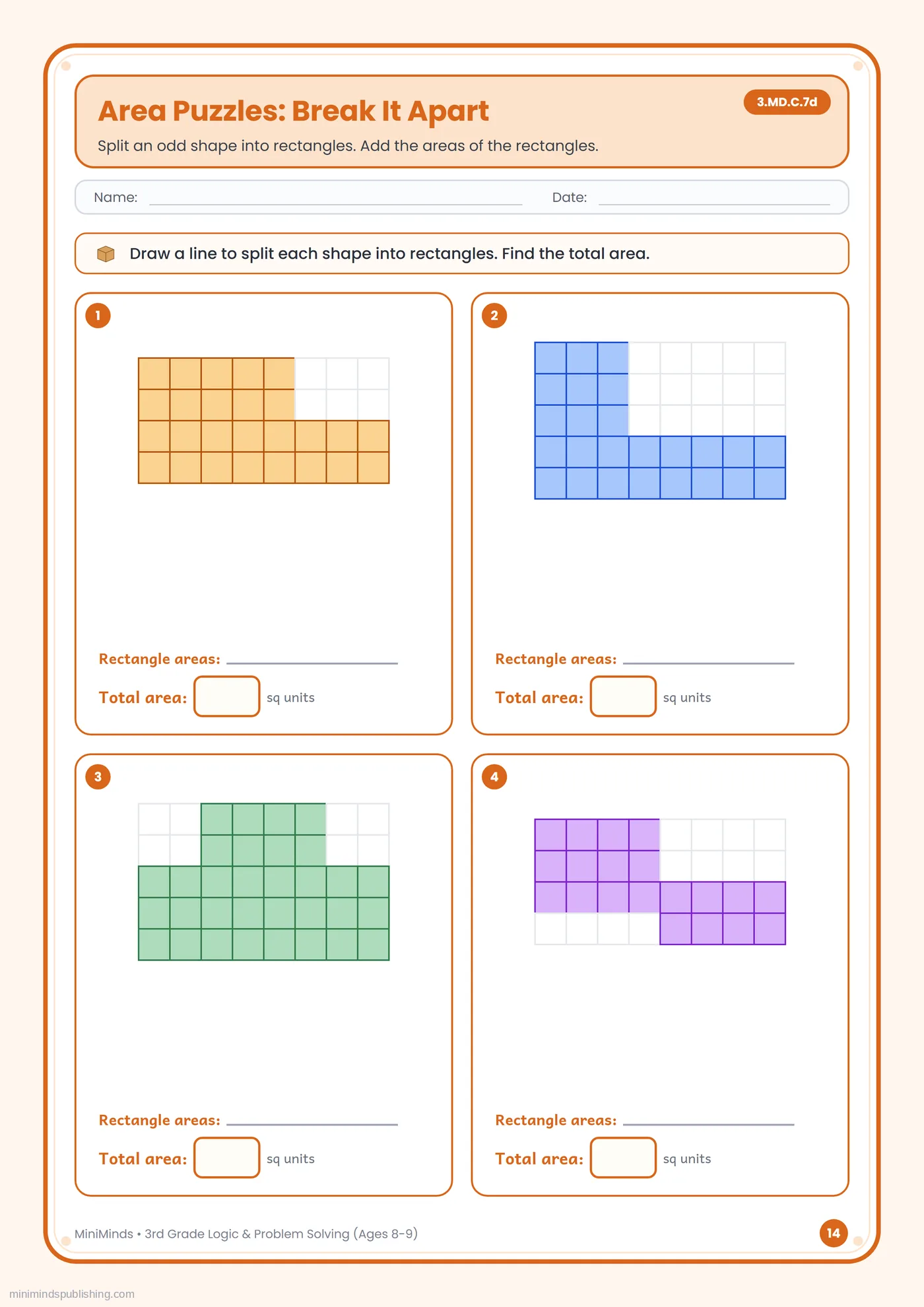 Area Puzzles: Break It Apart — free printable 3rd Grade logic & problem solving worksheet for ages 8-9