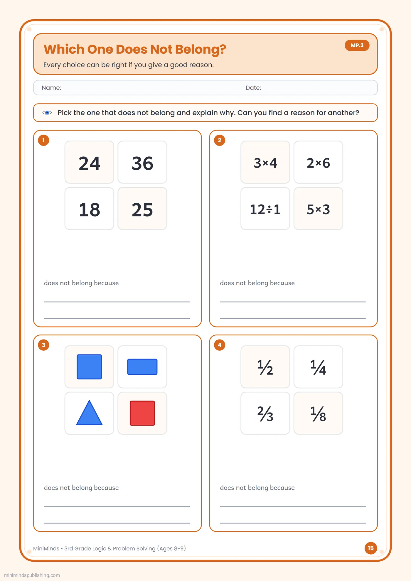 Which One Does Not Belong? — free printable 3rd Grade logic & problem solving worksheet for ages 8-9