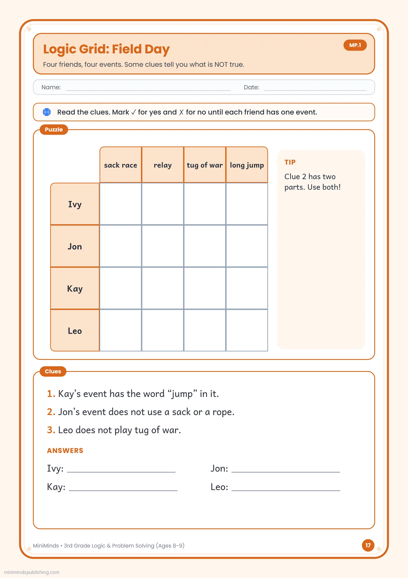 Logic Grid: Field Day — free printable 3rd Grade logic & problem solving worksheet for ages 8-9