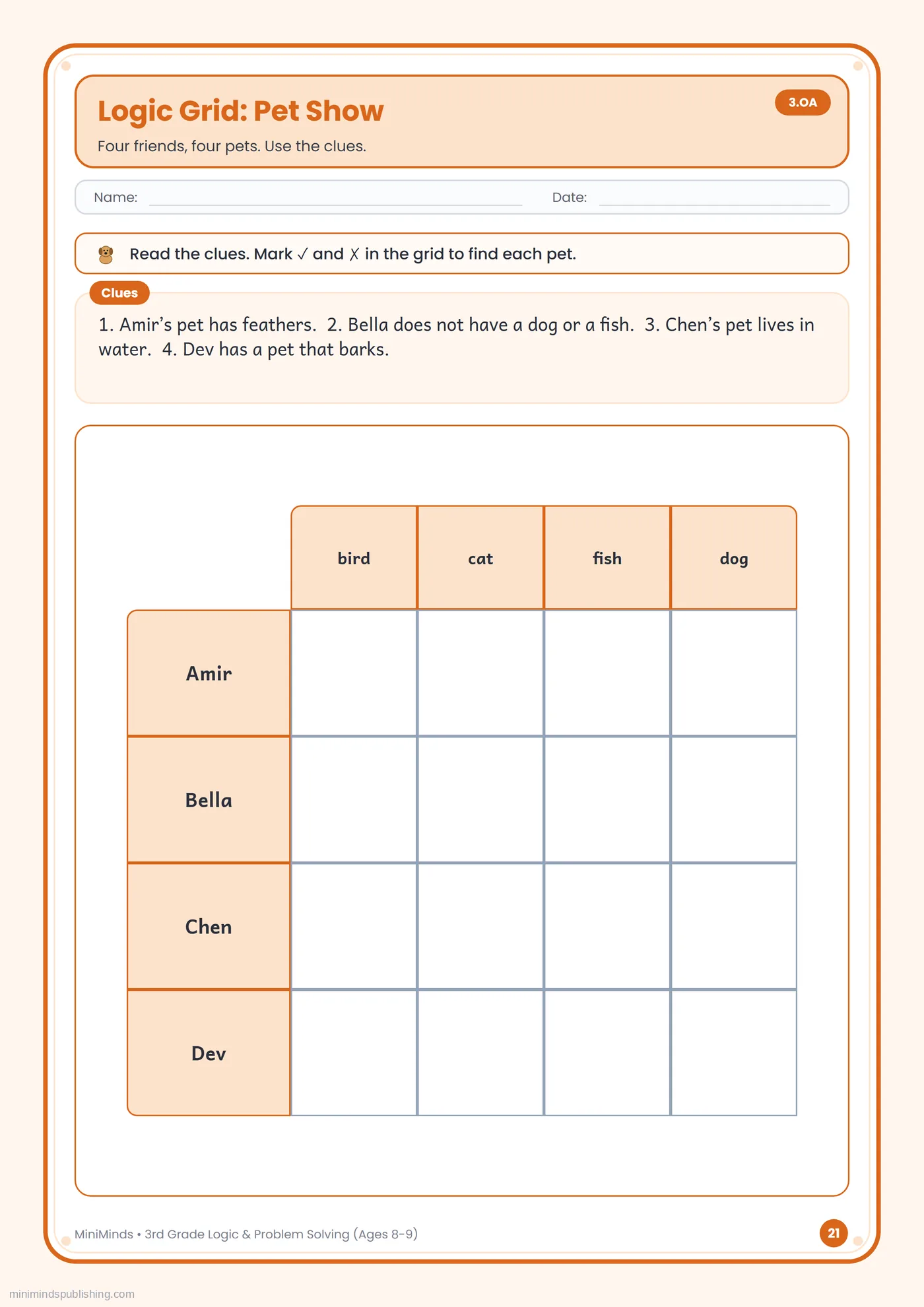 Logic Grid: Pet Show — free printable 3rd Grade logic & problem solving worksheet for ages 8-9