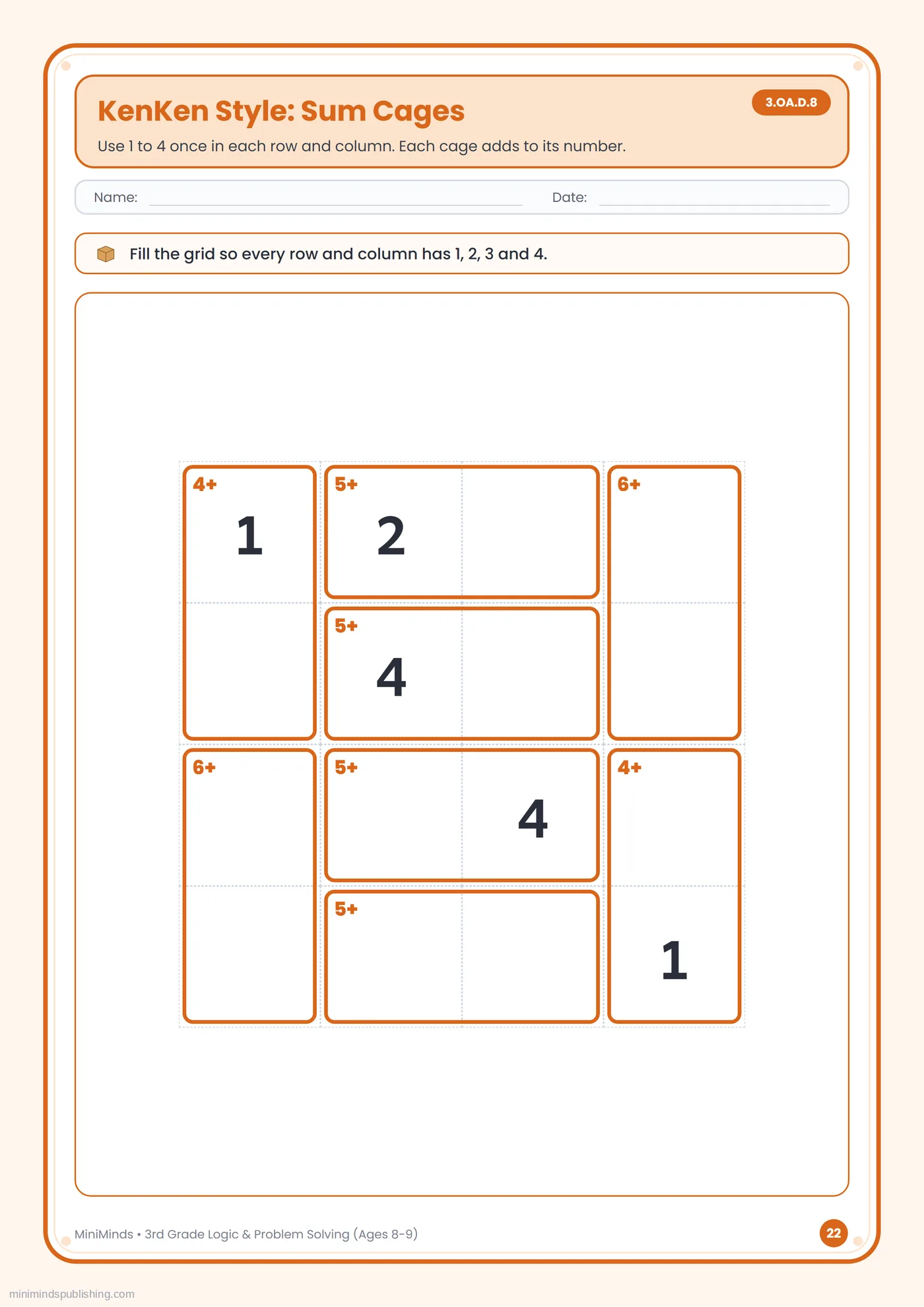 KenKen Style: Sum Cages — free printable 3rd Grade logic & problem solving worksheet for ages 8-9