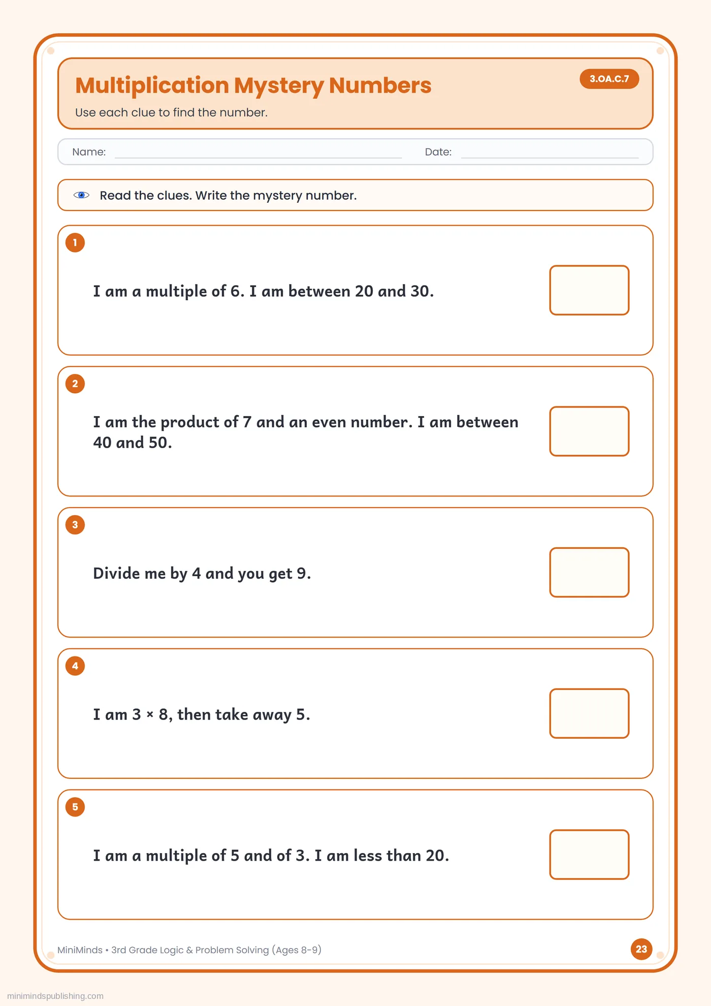 Multiplication Mystery Numbers — free printable 3rd Grade logic & problem solving worksheet for ages 8-9