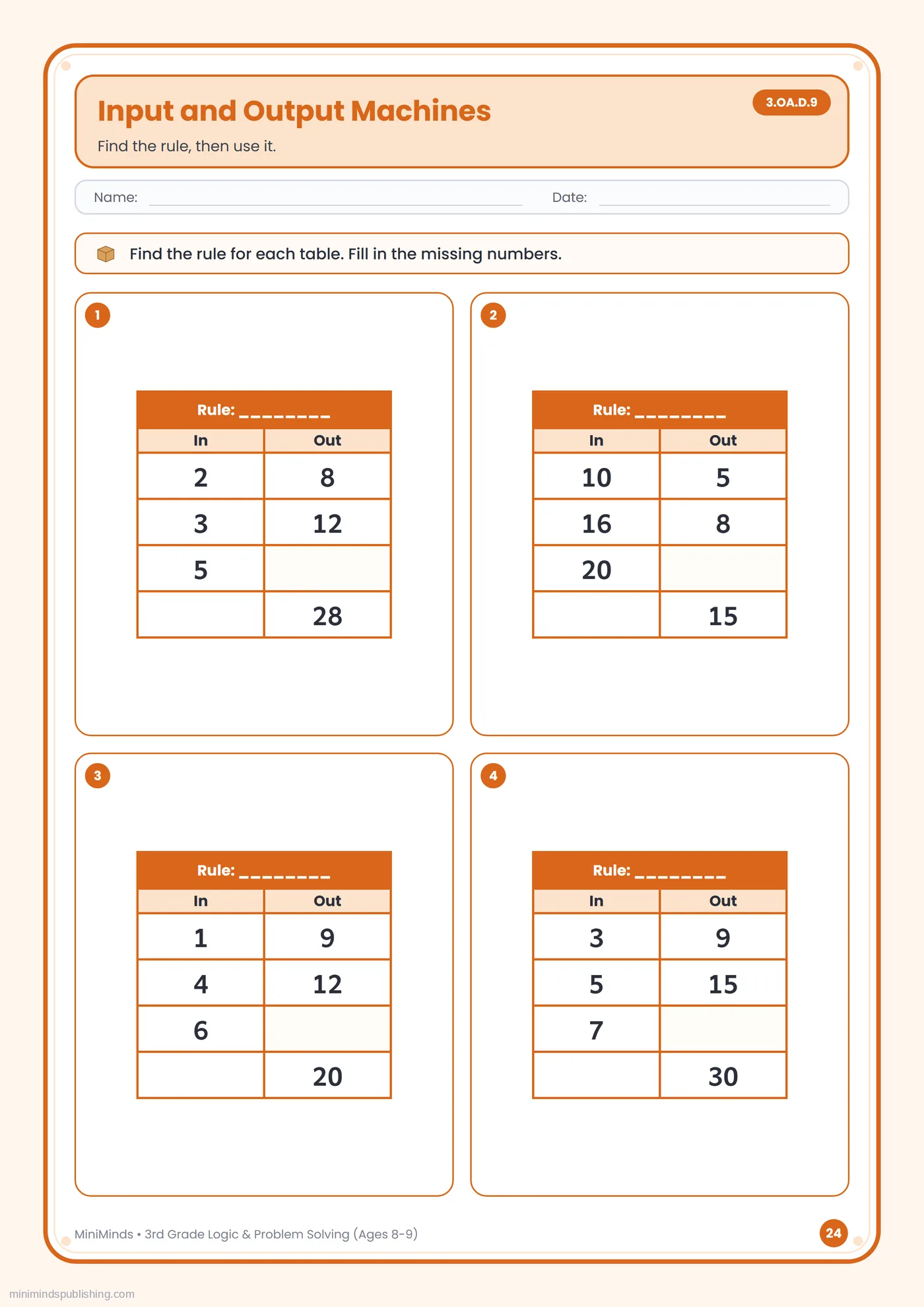 Input and Output Machines — free printable 3rd Grade logic & problem solving worksheet for ages 8-9