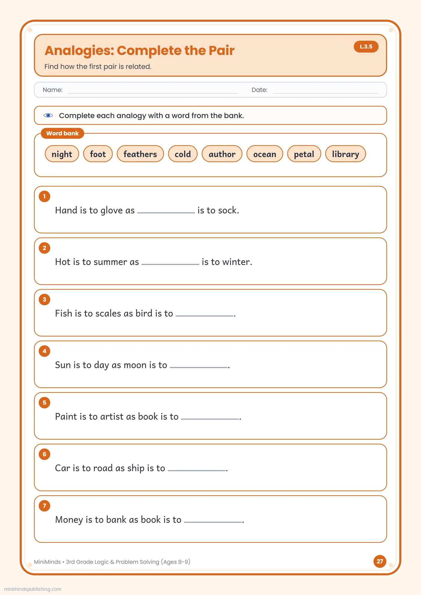 Analogies: Complete the Pair — free printable 3rd Grade logic & problem solving worksheet for ages 8-9