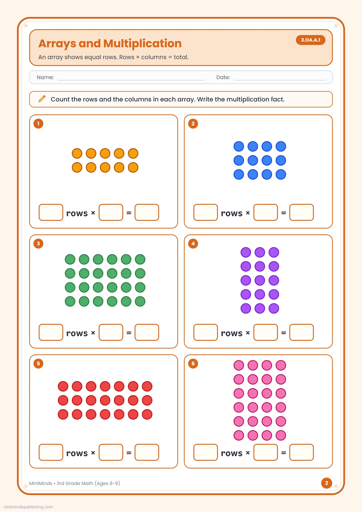 Arrays and Multiplication — free printable 3rd Grade math worksheet for ages 8-9