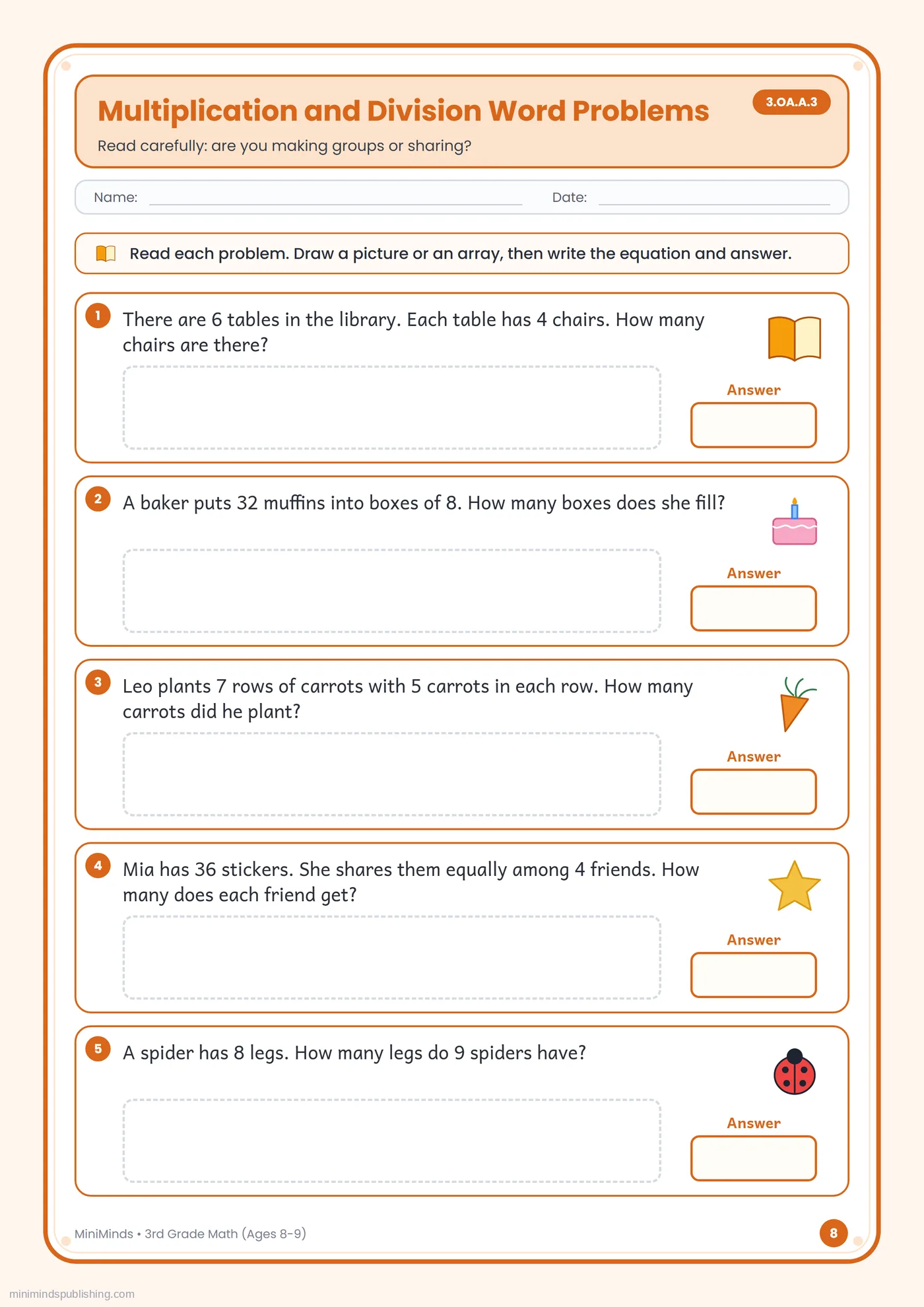 Multiplication and Division Word Problems — free printable 3rd Grade math worksheet for ages 8-9