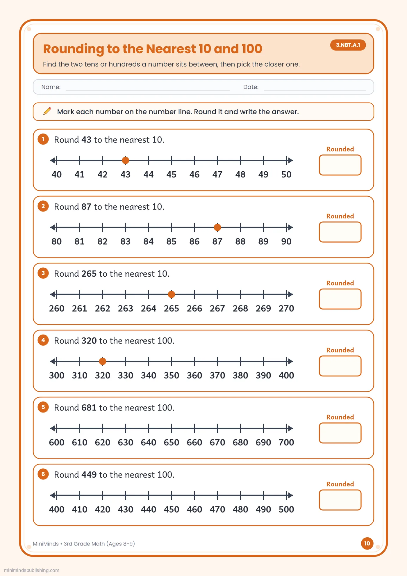 Rounding to the Nearest 10 and 100 — free printable 3rd Grade math worksheet for ages 8-9
